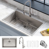 KRAUS Stark 33" Dual Mount Kitchen Sink and Pull-Down Commercial Kitchen Faucet Combo in Stainless Steel Finish - KCA-1102