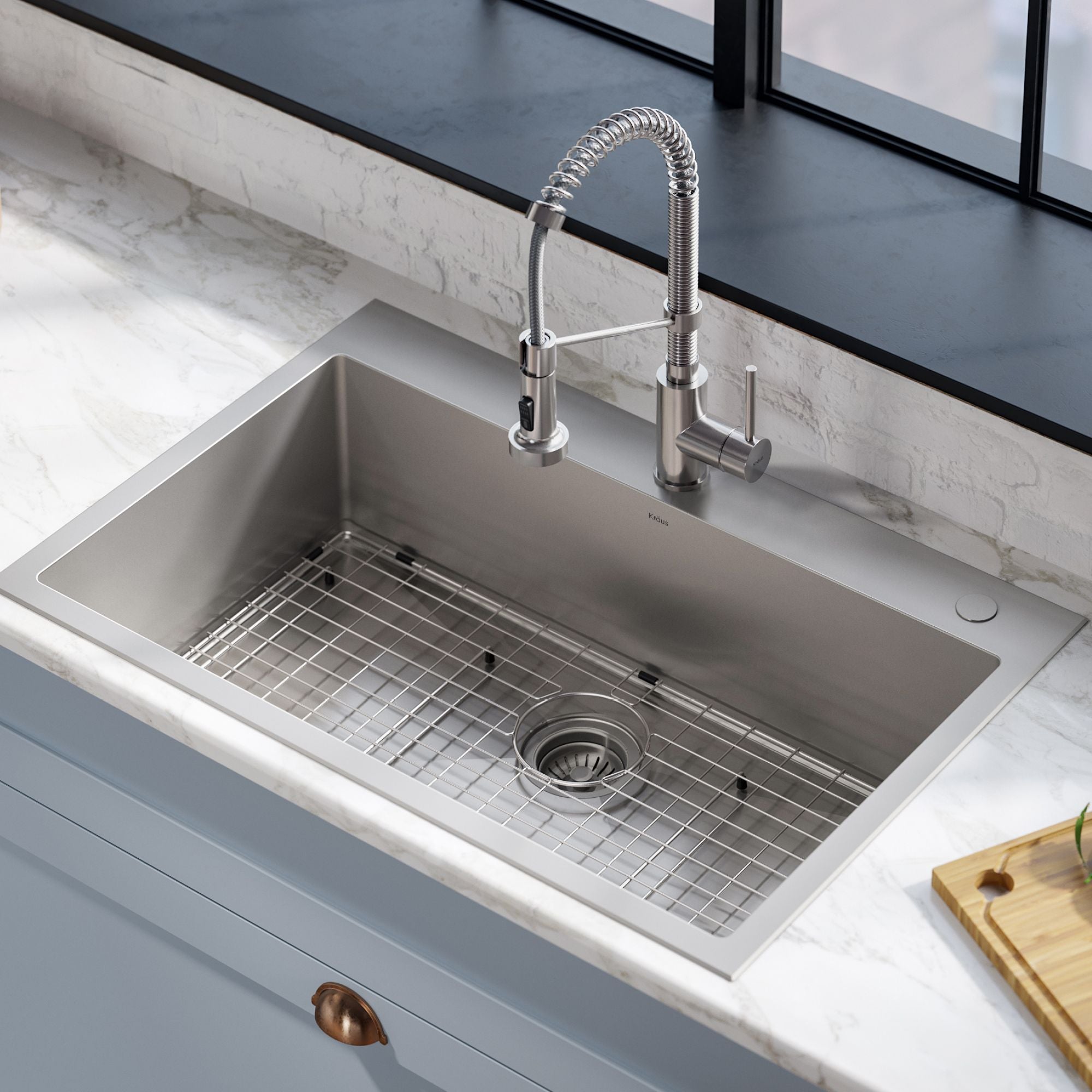 KRAUS Stark 33" Dual Mount Kitchen Sink and Pull-Down Commercial Kitchen Faucet Combo in Stainless Steel Finish - KCA-1102