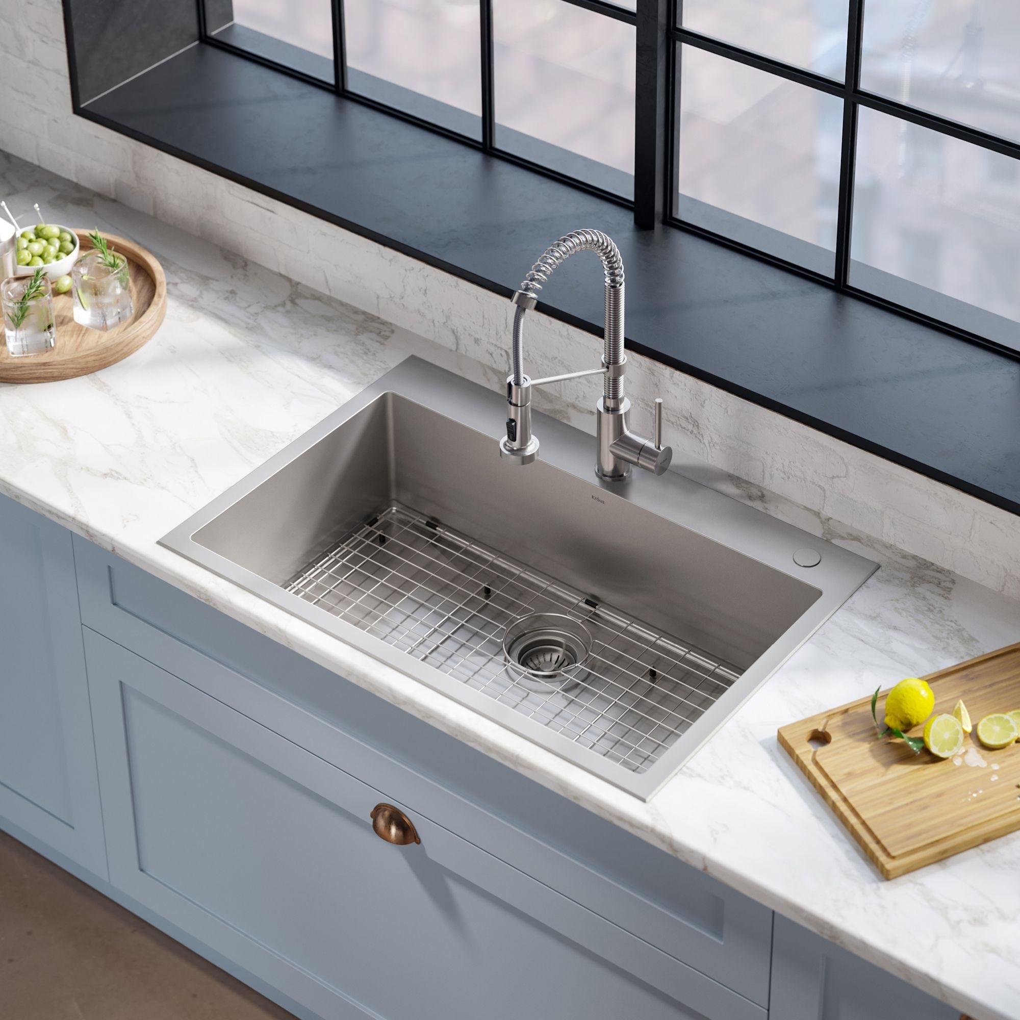 KRAUS Stark 33" Dual Mount Kitchen Sink and Pull-Down Commercial Kitchen Faucet Combo in Stainless Steel Finish - KCA-1102