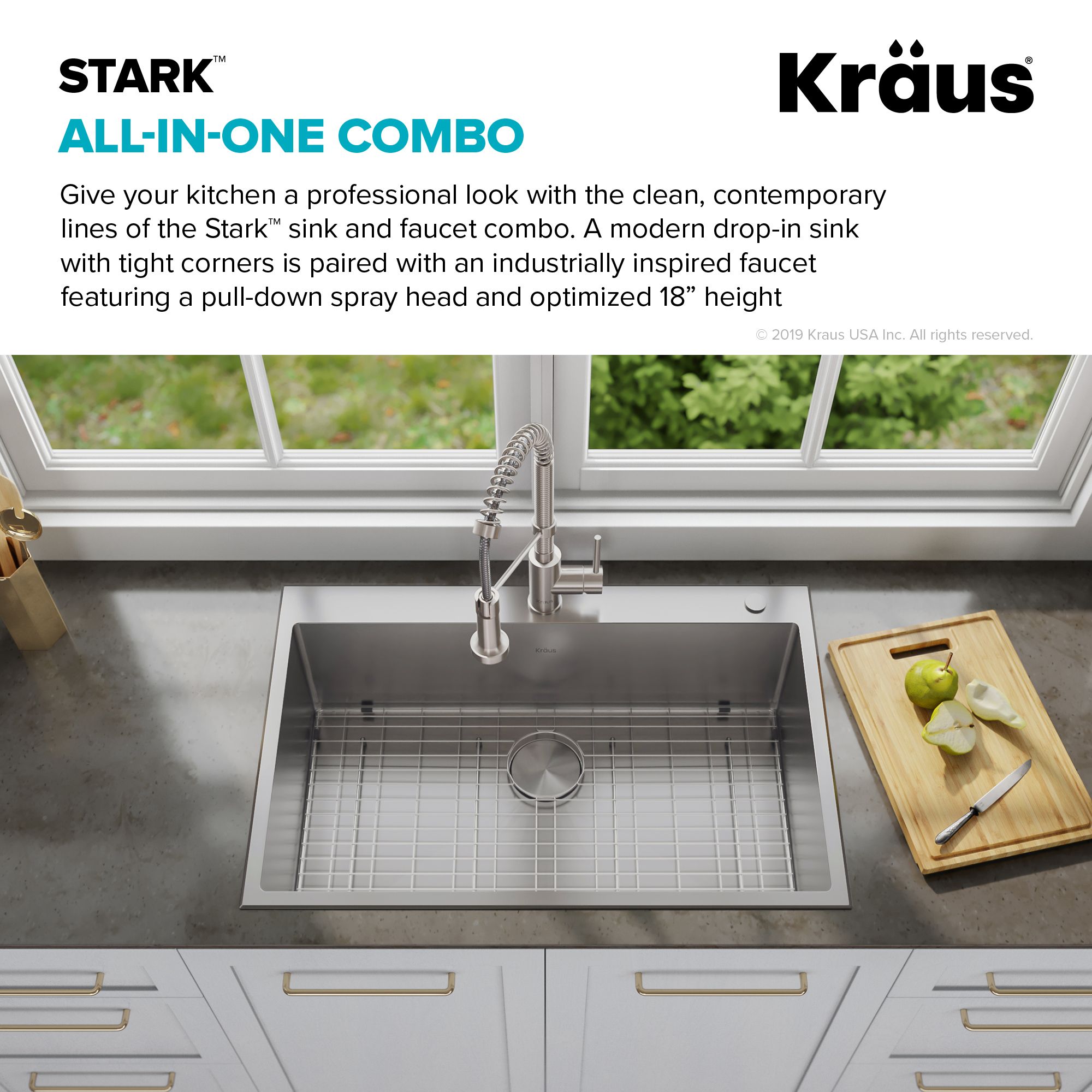 KRAUS Stark 33" Dual Mount Kitchen Sink and Pull-Down Commercial Kitchen Faucet Combo in Stainless Steel Finish - KCA-1102