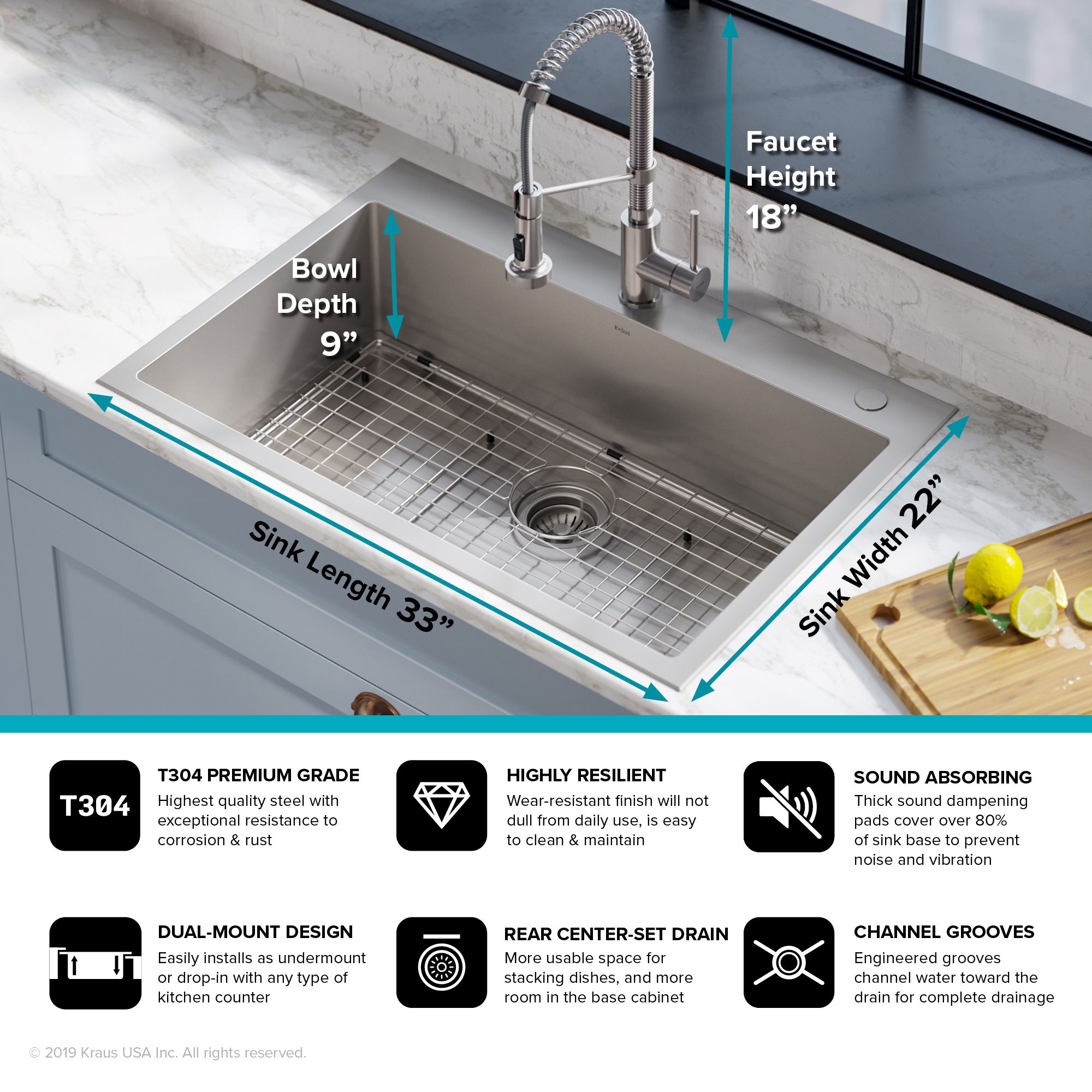 KRAUS Stark 33" Dual Mount Kitchen Sink and Pull-Down Commercial Kitchen Faucet Combo in Stainless Steel Finish - KCA-1102