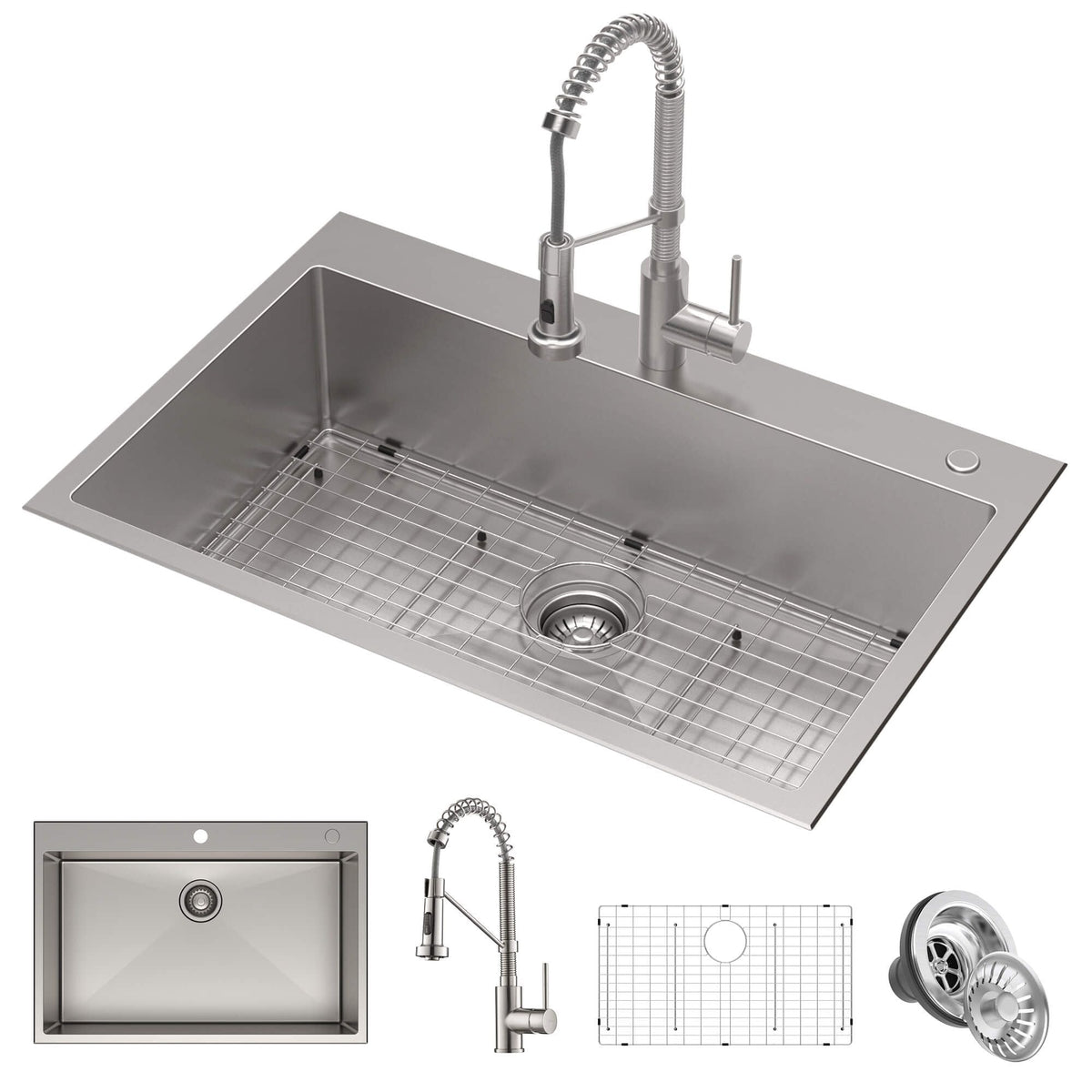 KRAUS Stark 33" Dual Mount Kitchen Sink and Pull-Down Commercial Kitchen Faucet Combo in Stainless Steel Finish - KCA-1102