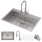 KRAUS Stark 33" Dual Mount Kitchen Sink and Pull-Down Commercial Kitchen Faucet Combo in Stainless Steel Finish - KCA-1102