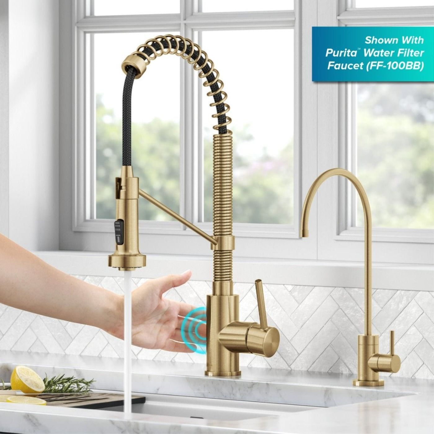 KRAUS Touchless Pull-Down Single Handle 18-Inch Kitchen Faucet in Brushed Brass - KSF-1610BB