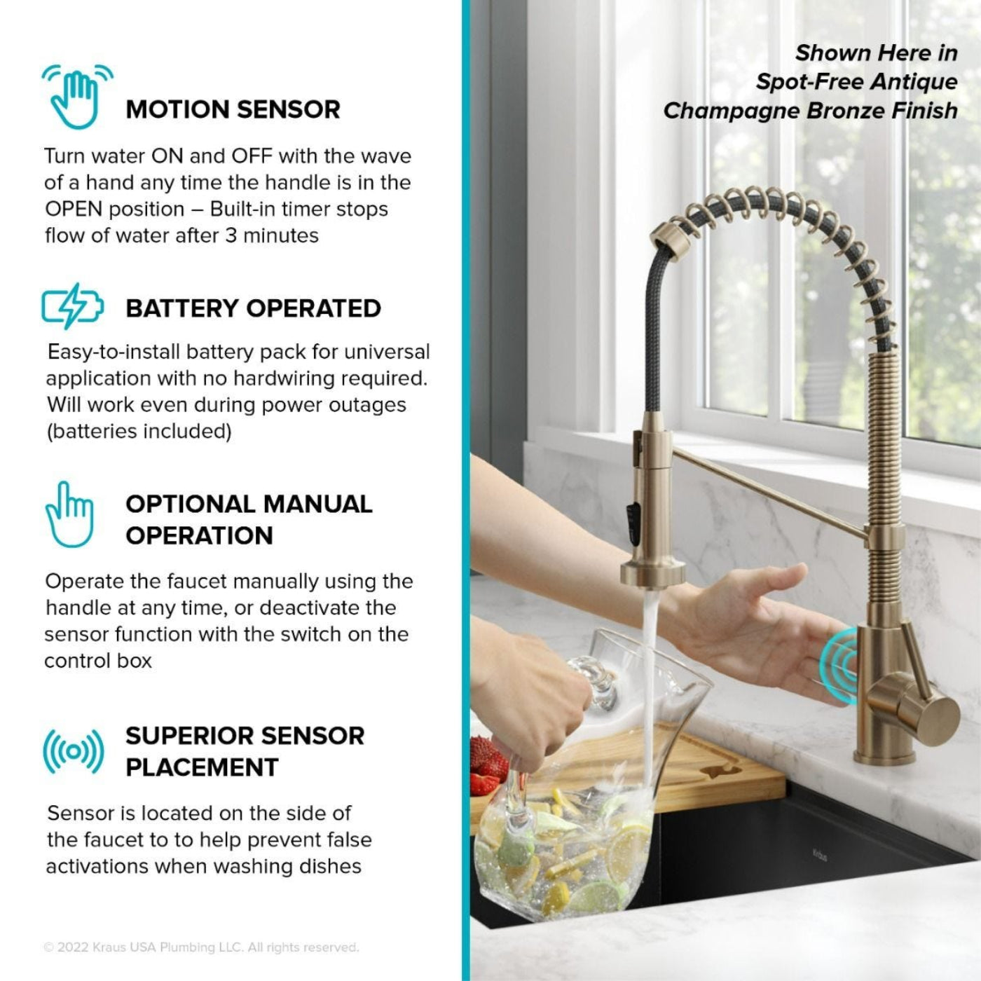 KRAUS Touchless Pull-Down Single Handle 18-Inch Kitchen Faucet in Brushed Brass - KSF-1610BB