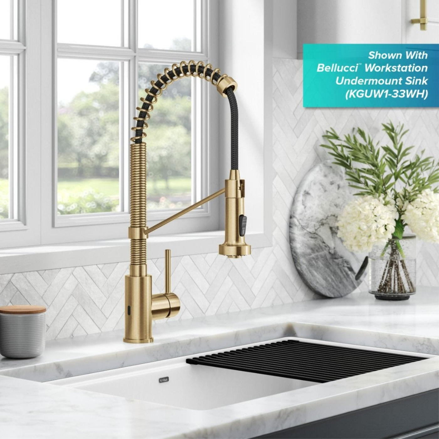 KRAUS Touchless Pull-Down Single Handle 18-Inch Kitchen Faucet in Brushed Brass - KSF-1610BB