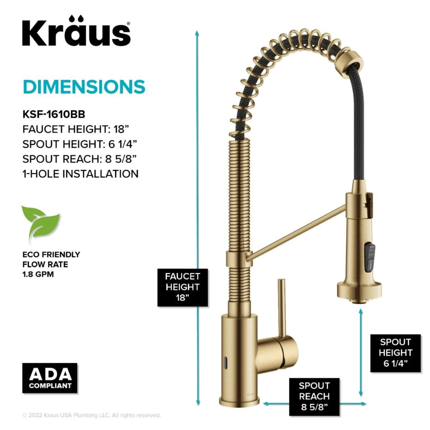 KRAUS Touchless Pull-Down Single Handle 18-Inch Kitchen Faucet in Brushed Brass - KSF-1610BB
