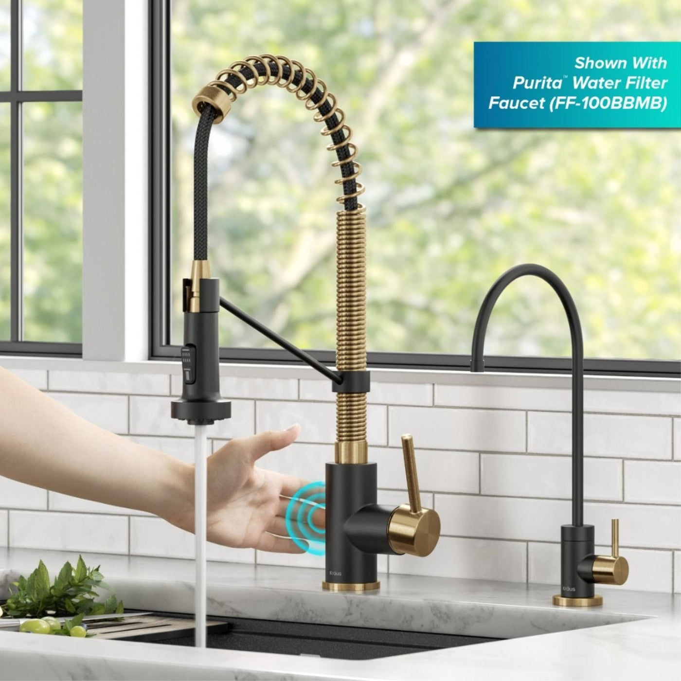 KRAUS Touchless Pull-Down Single Handle 18-Inch Kitchen Faucet in Brushed Brass & Matte Black -  KSF-1610BBMB