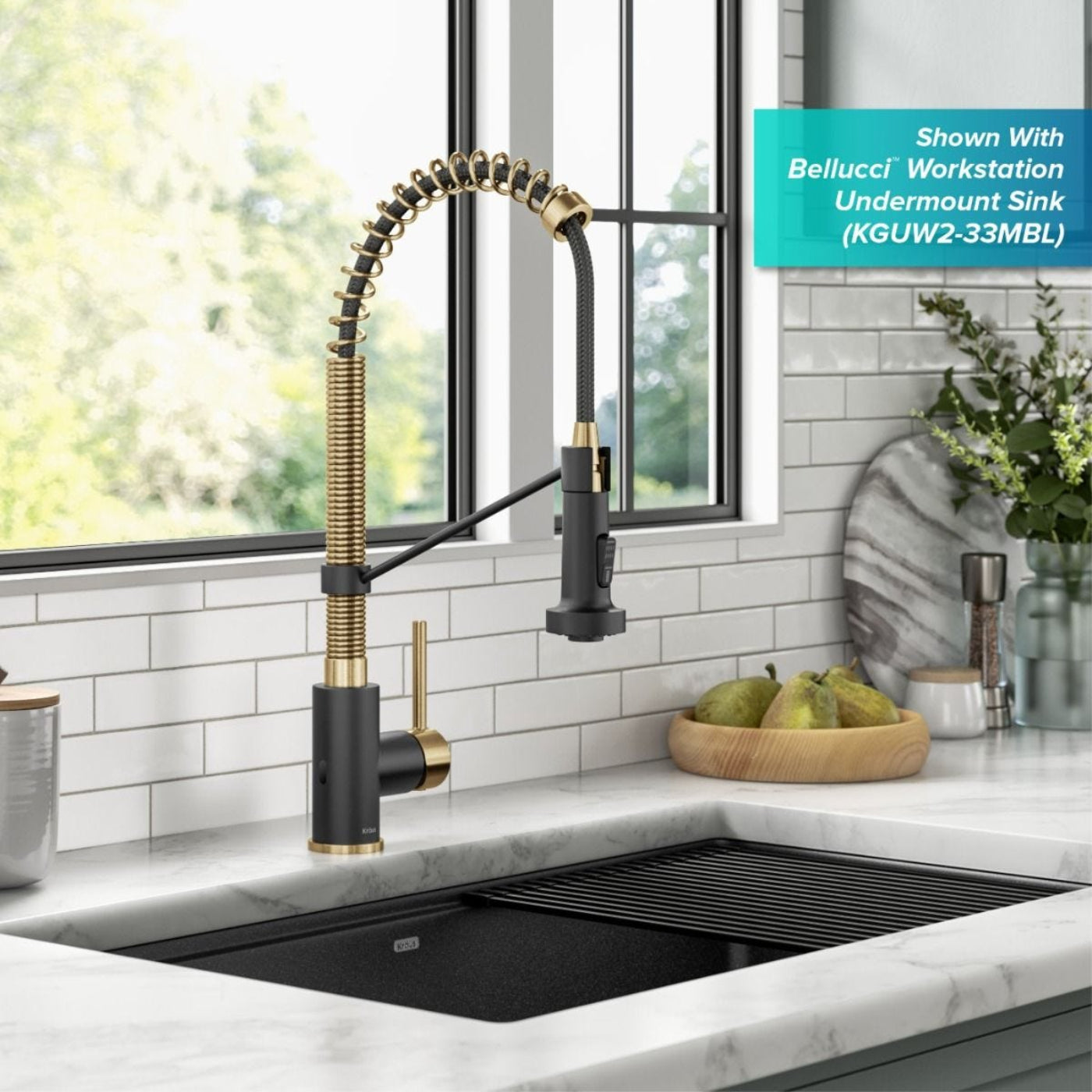 KRAUS Touchless Pull-Down Single Handle 18-Inch Kitchen Faucet in Brushed Brass & Matte Black -  KSF-1610BBMB