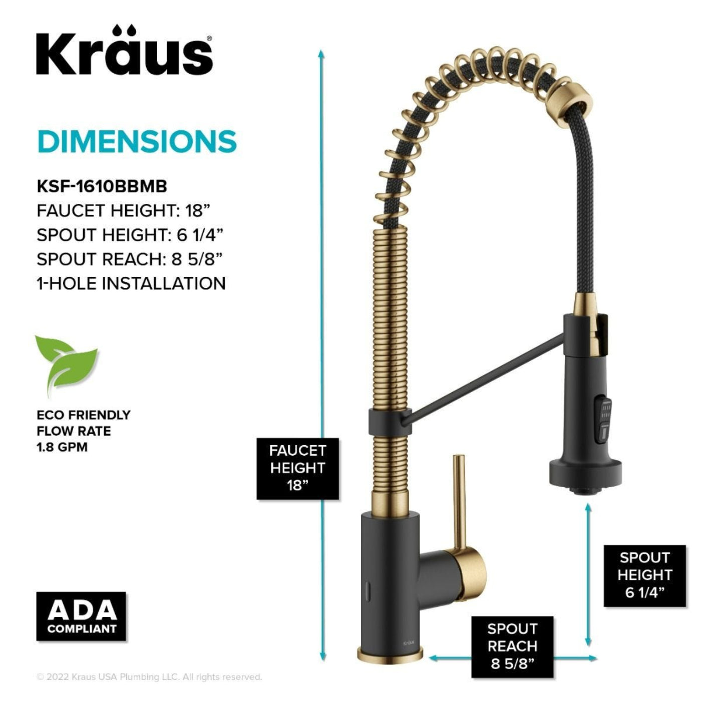 KRAUS Touchless Pull-Down Single Handle 18-Inch Kitchen Faucet in Brushed Brass & Matte Black -  KSF-1610BBMB