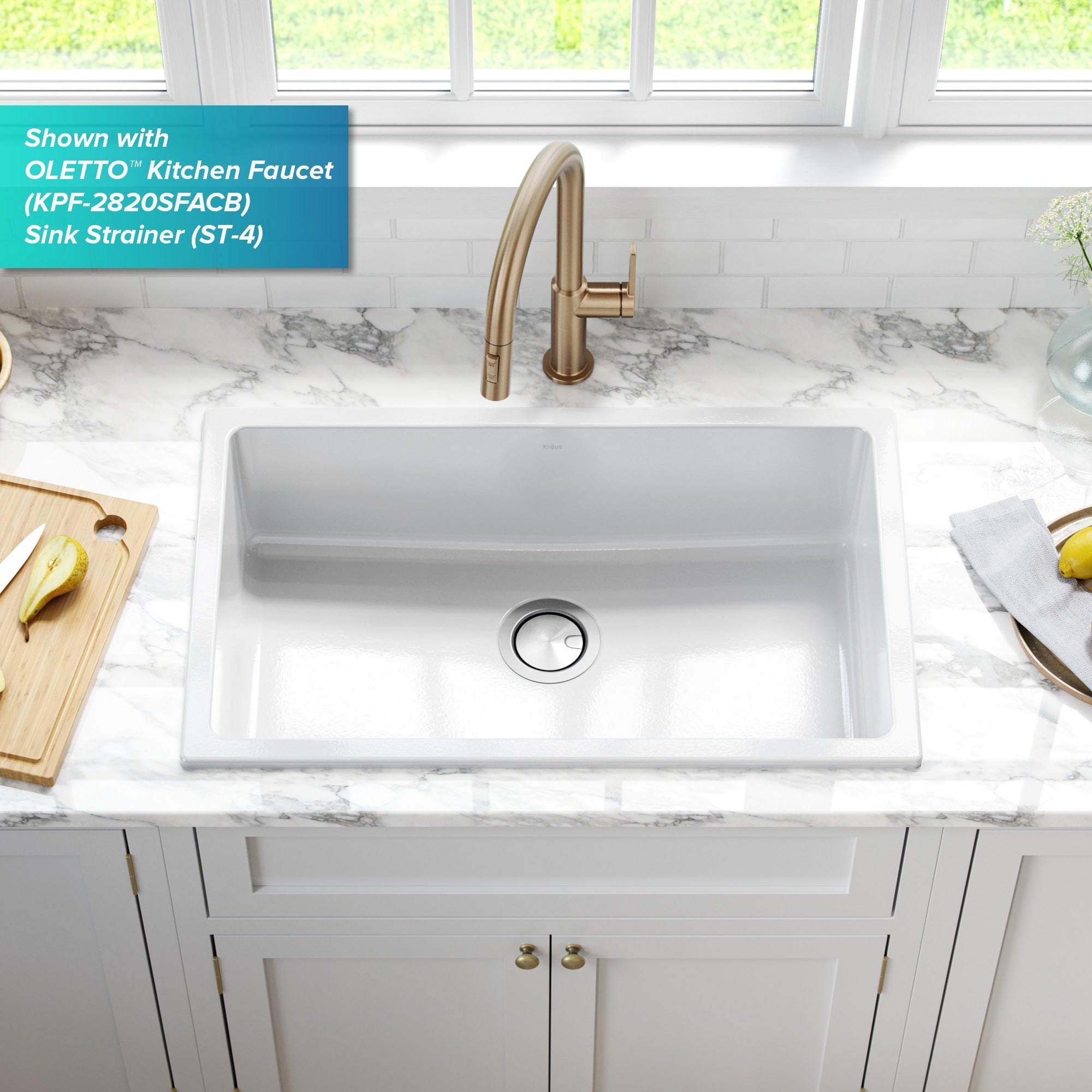KRAUS Turino 30" Drop-In or Undermount Fireclay Kitchen Sink with Thick Mounting Deck in Gloss White - KFD1-30GWH