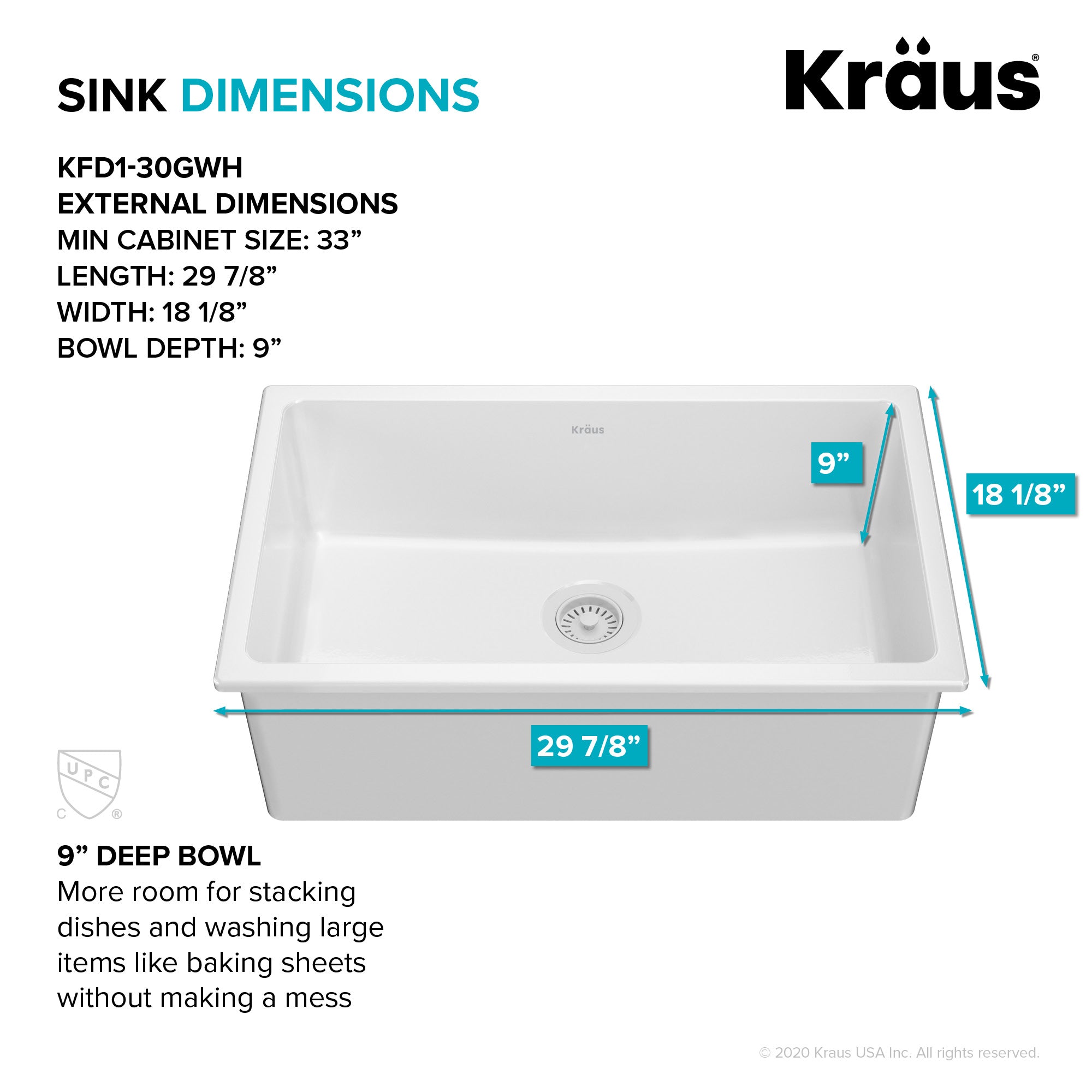 KRAUS Turino 30" Drop-In or Undermount Fireclay Kitchen Sink with Thick Mounting Deck in Gloss White - KFD1-30GWH