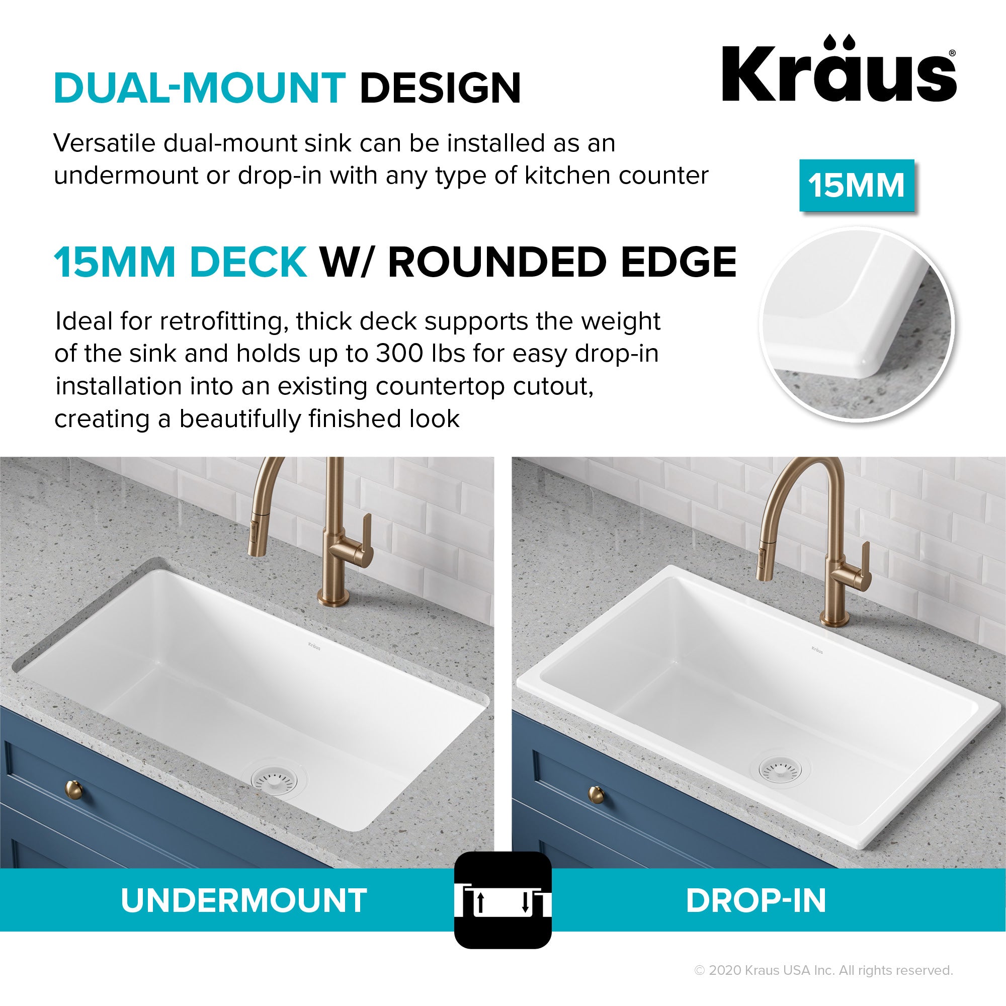 KRAUS Turino 30" Drop-In or Undermount Fireclay Kitchen Sink with Thick Mounting Deck in Gloss White - KFD1-30GWH