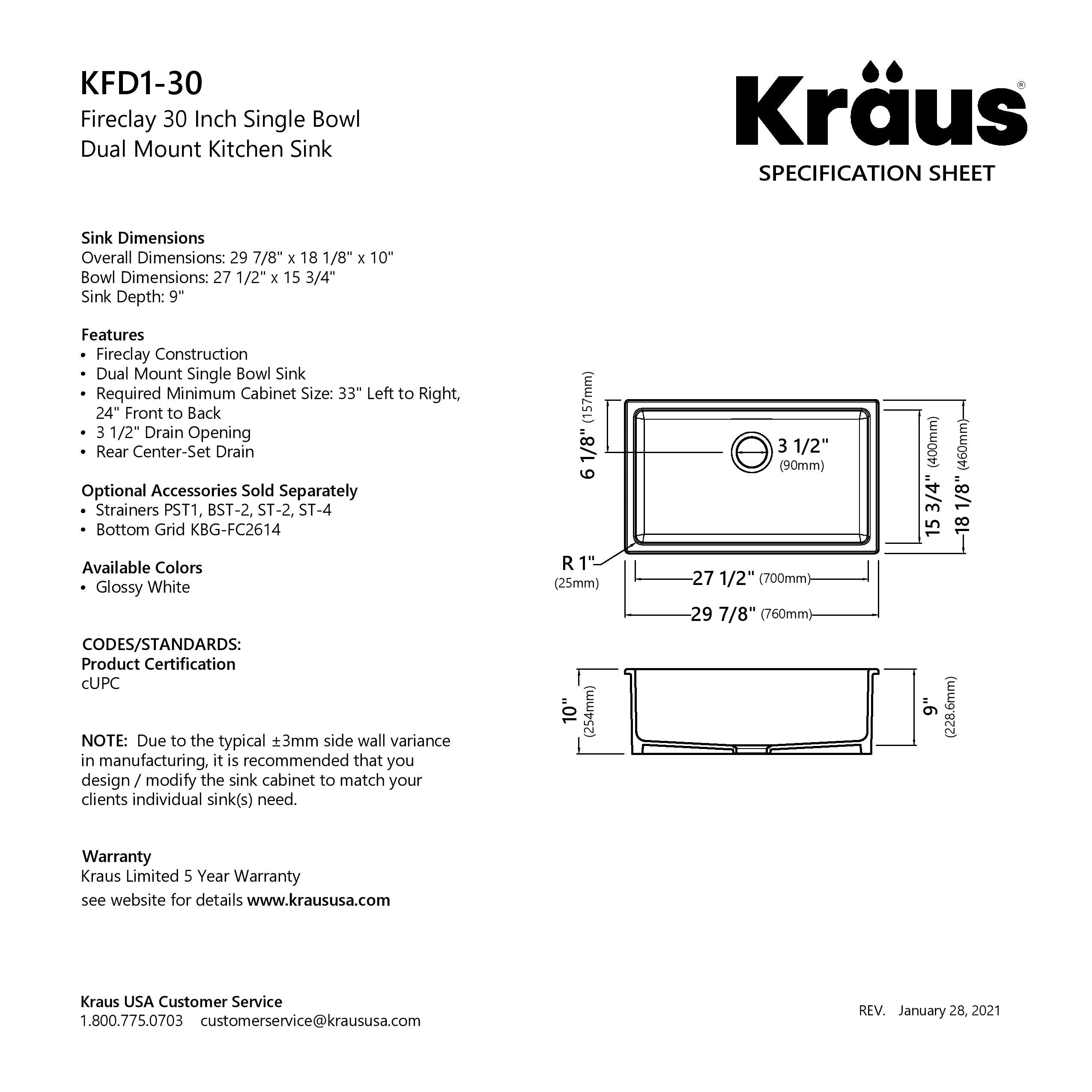 KRAUS Turino 30" Drop-In or Undermount Fireclay Kitchen Sink with Thick Mounting Deck in Gloss White - KFD1-30GWH