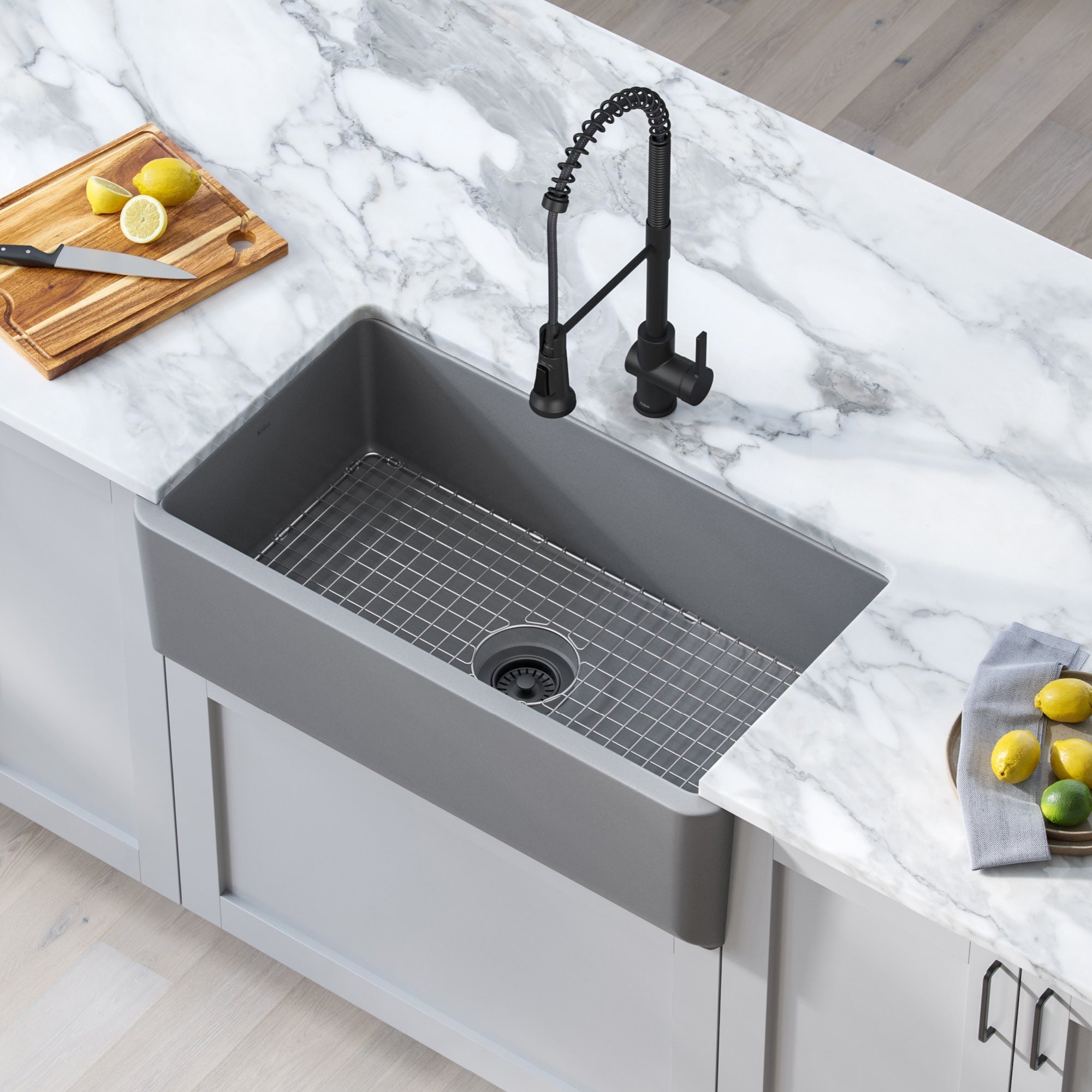 KRAUS Turino 33" Reversible Apron Front Fireclay Kitchen Sink in Matte Grey -  KFR1-33MGR