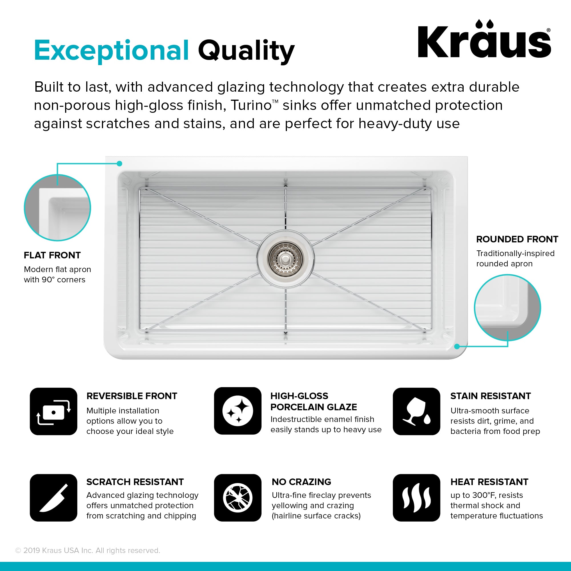 KRAUS Turino Reversible 33" Fireclay Farmhouse Flat Apron Front Single Bowl Kitchen Sink with Bottom Grid in Gloss White - KFR1-33GWH