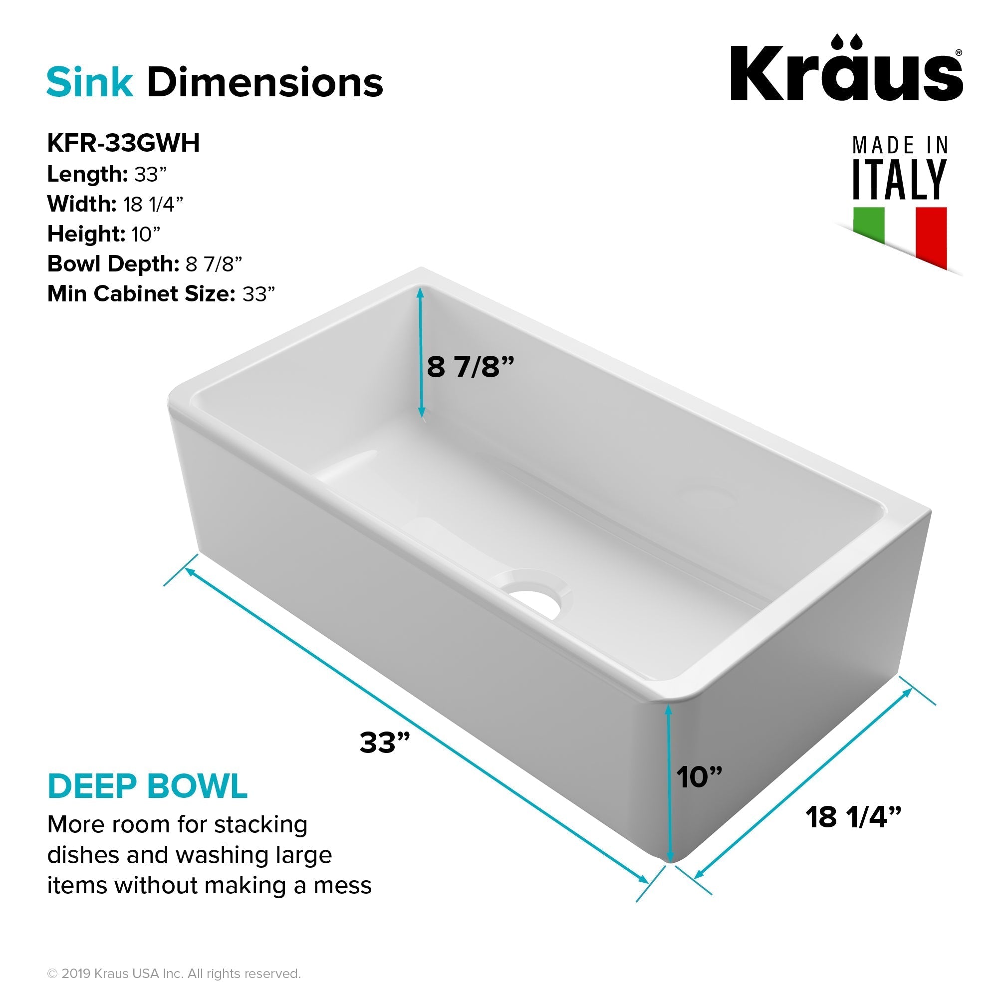 KRAUS Turino Reversible 33" Fireclay Farmhouse Flat Apron Front Single Bowl Kitchen Sink with Bottom Grid in Gloss White - KFR1-33GWH