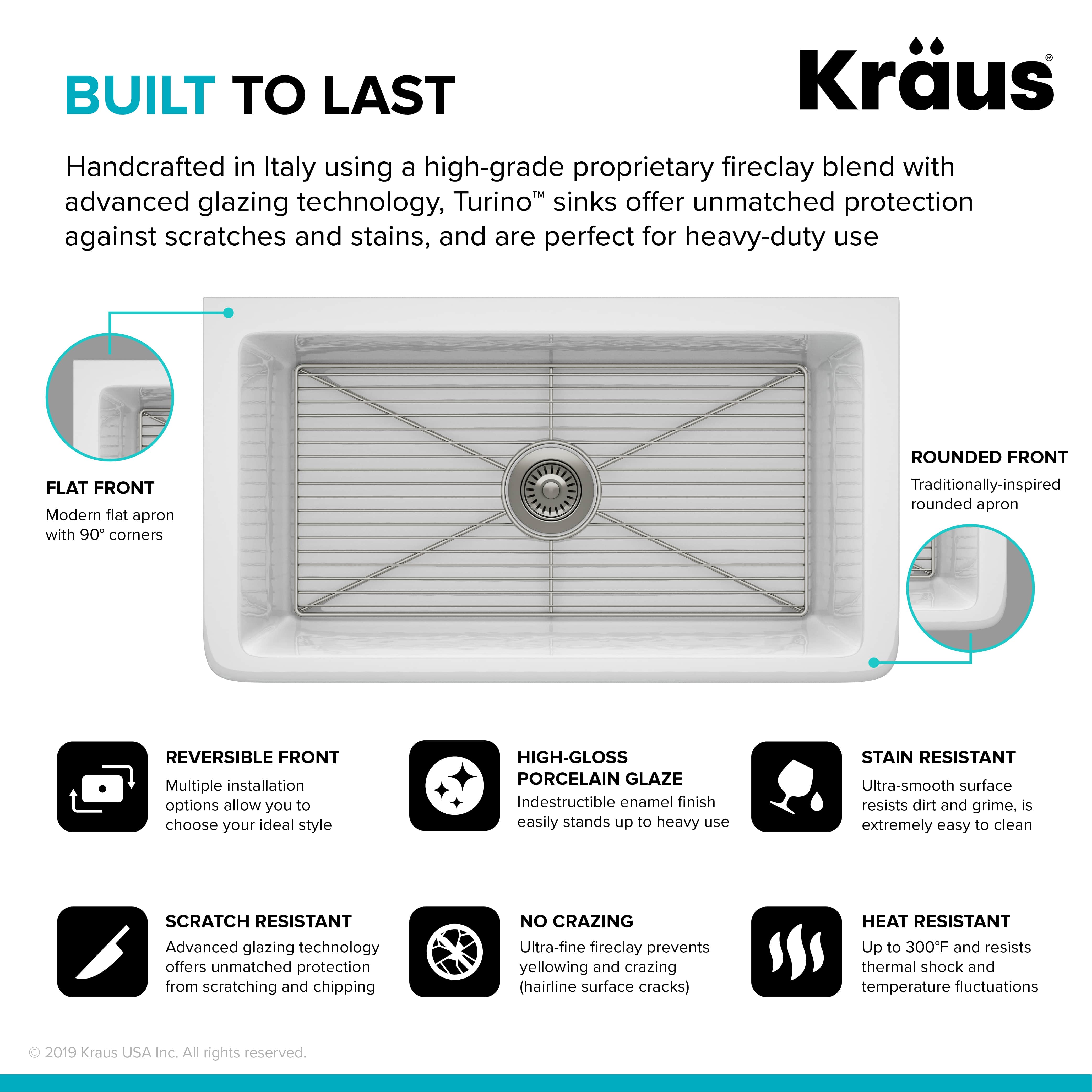 KRAUS Turino Reversible 33" Fireclay Farmhouse Flat Apron Front Single Bowl Kitchen Sink with Bottom Grid in Gloss White - KFR1-33GWH
