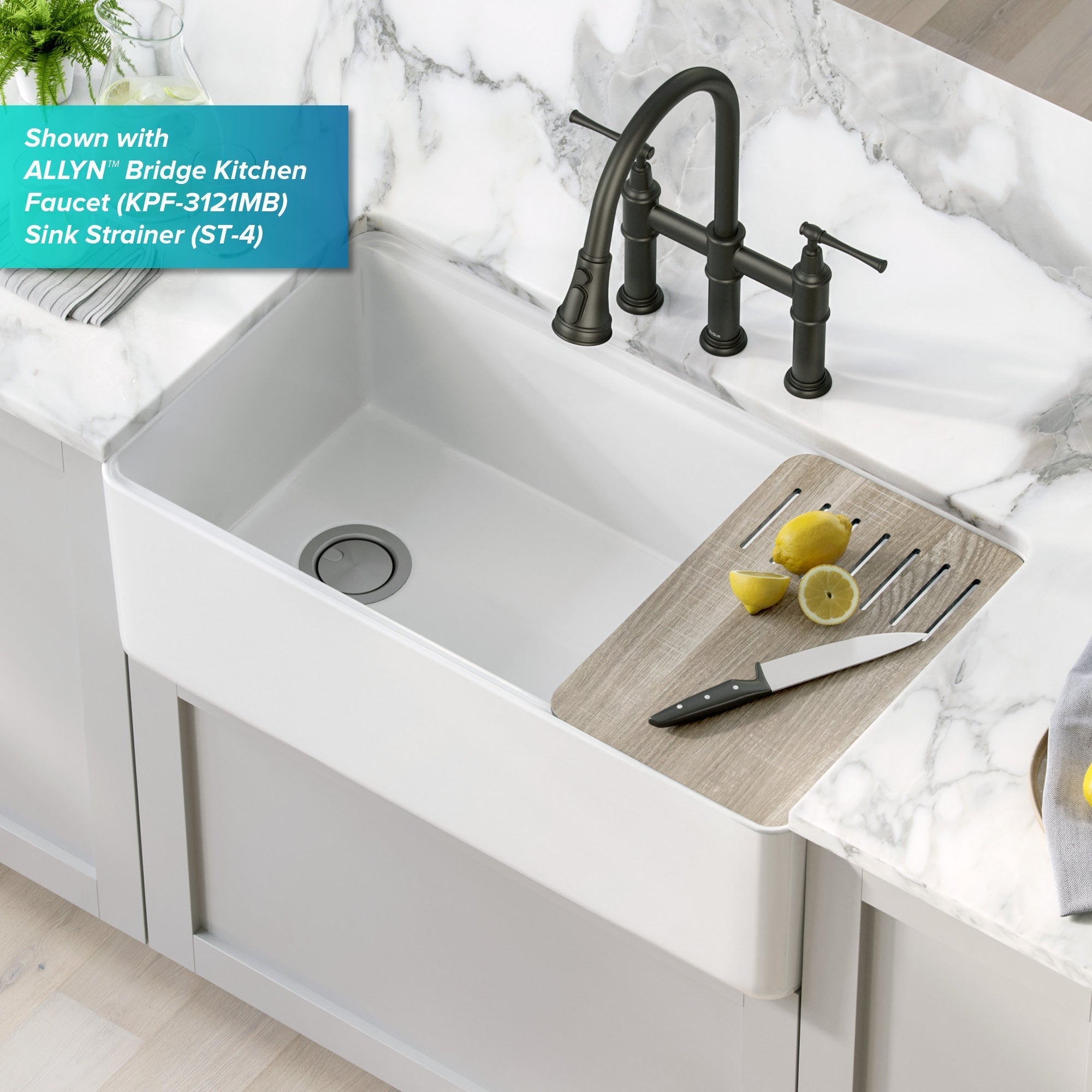 KRAUS Turino Workstation 33" Reversible Apron Front Fireclay Kitchen Sink with Accessories in Gloss White -  KFR4-33GWH