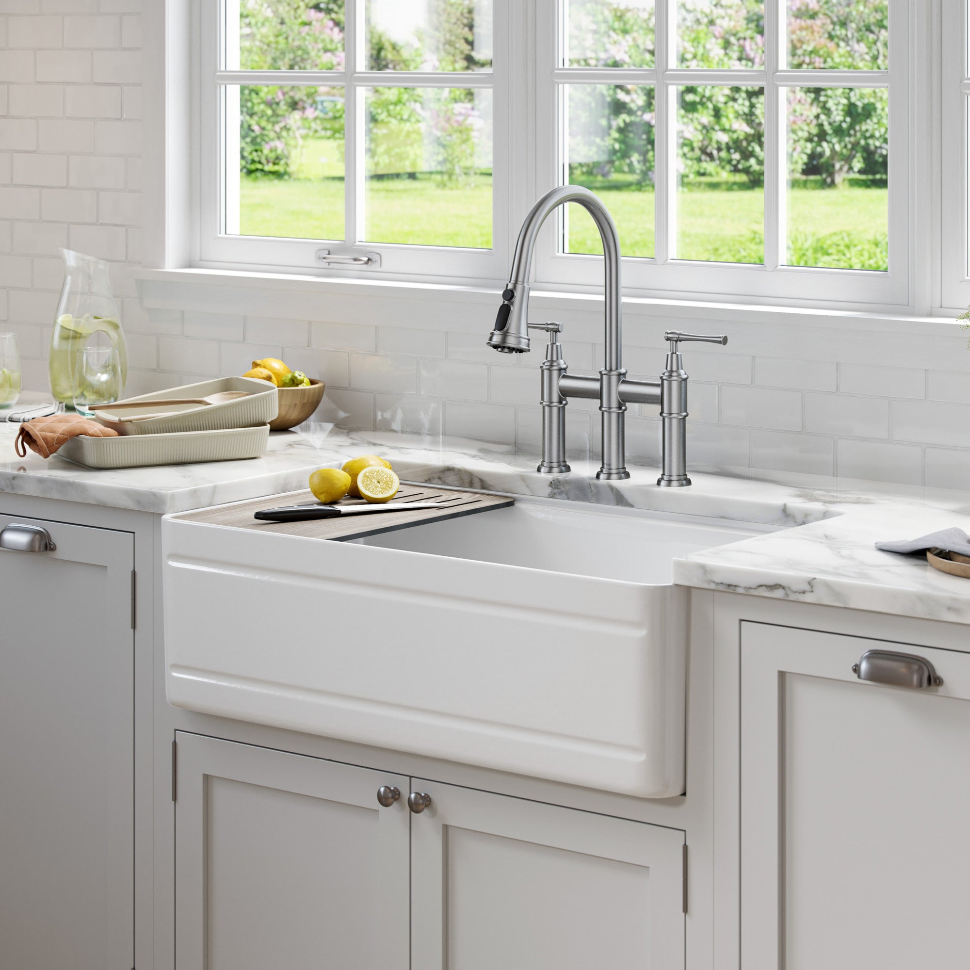 KRAUS Turino Workstation 33" Reversible Apron Front Fireclay Kitchen Sink with Accessories in Gloss White -  KFR4-33GWH