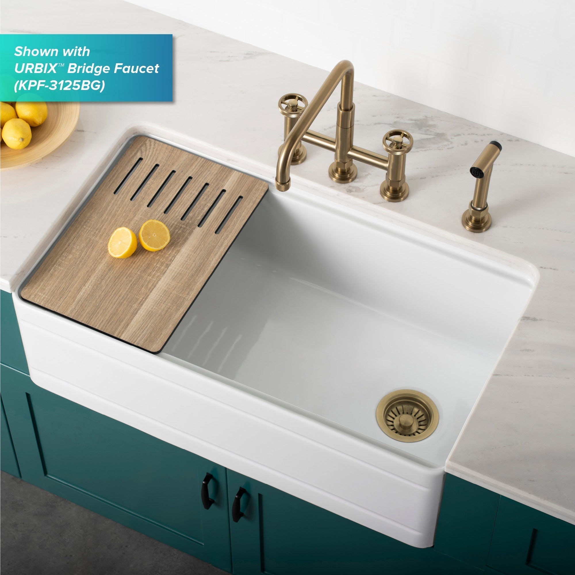 KRAUS Turino Workstation 33" Reversible Apron Front Fireclay Kitchen Sink with Accessories in Gloss White -  KFR4-33GWH