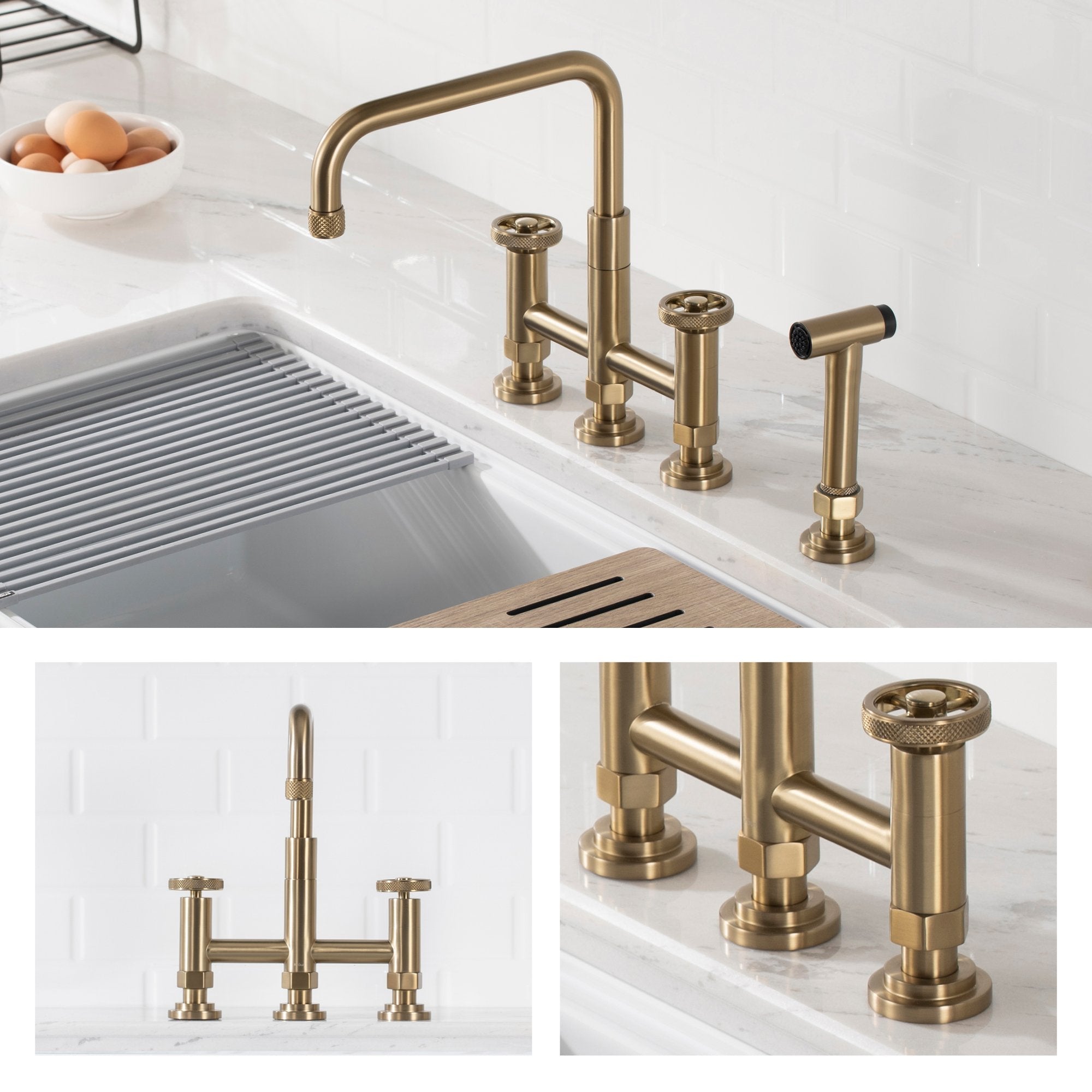 KRAUS Urbix Bridge Kitchen Faucet with Side Sprayer in Brushed Gold - KPF-3125BG