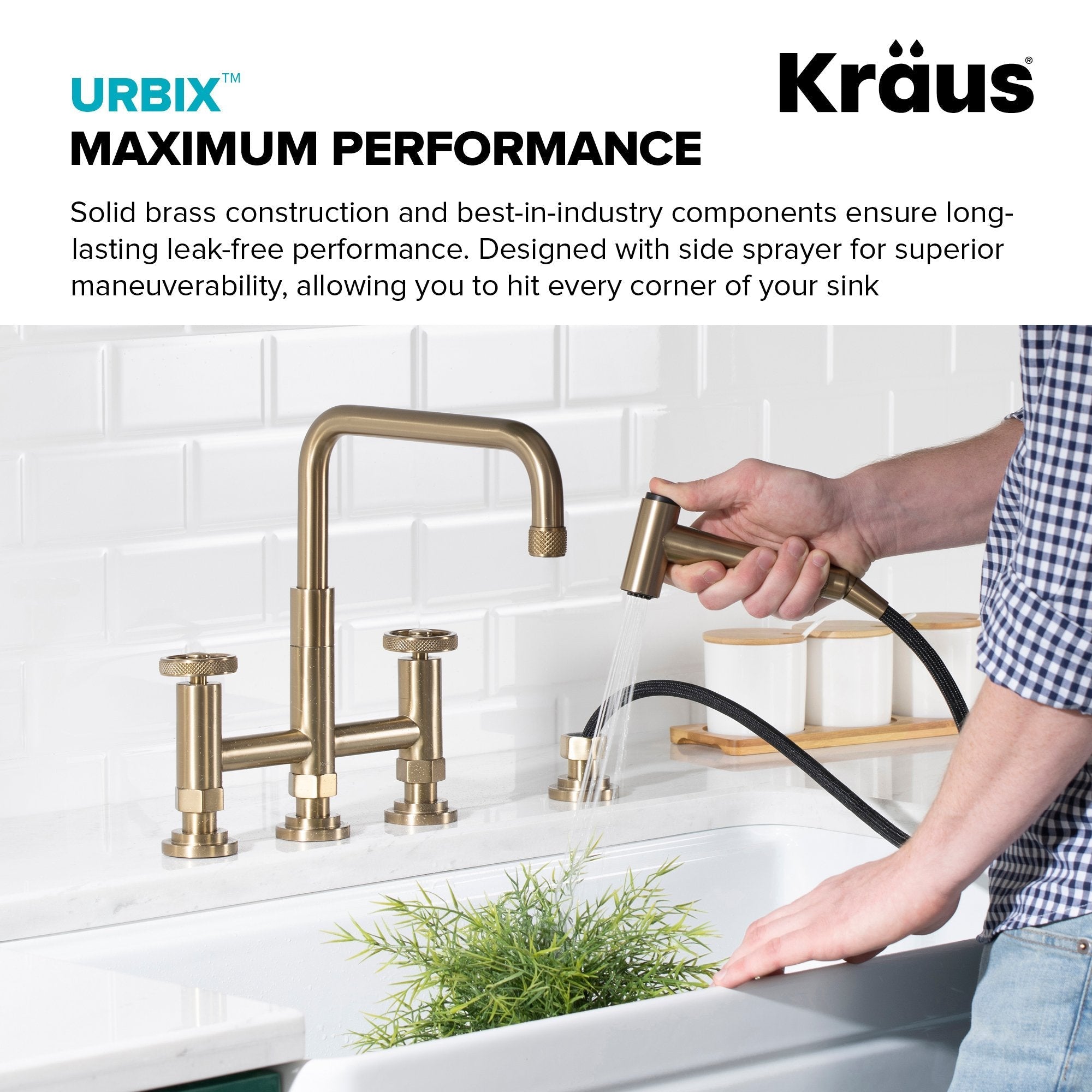 KRAUS Urbix Bridge Kitchen Faucet with Side Sprayer in Brushed Gold - KPF-3125BG
