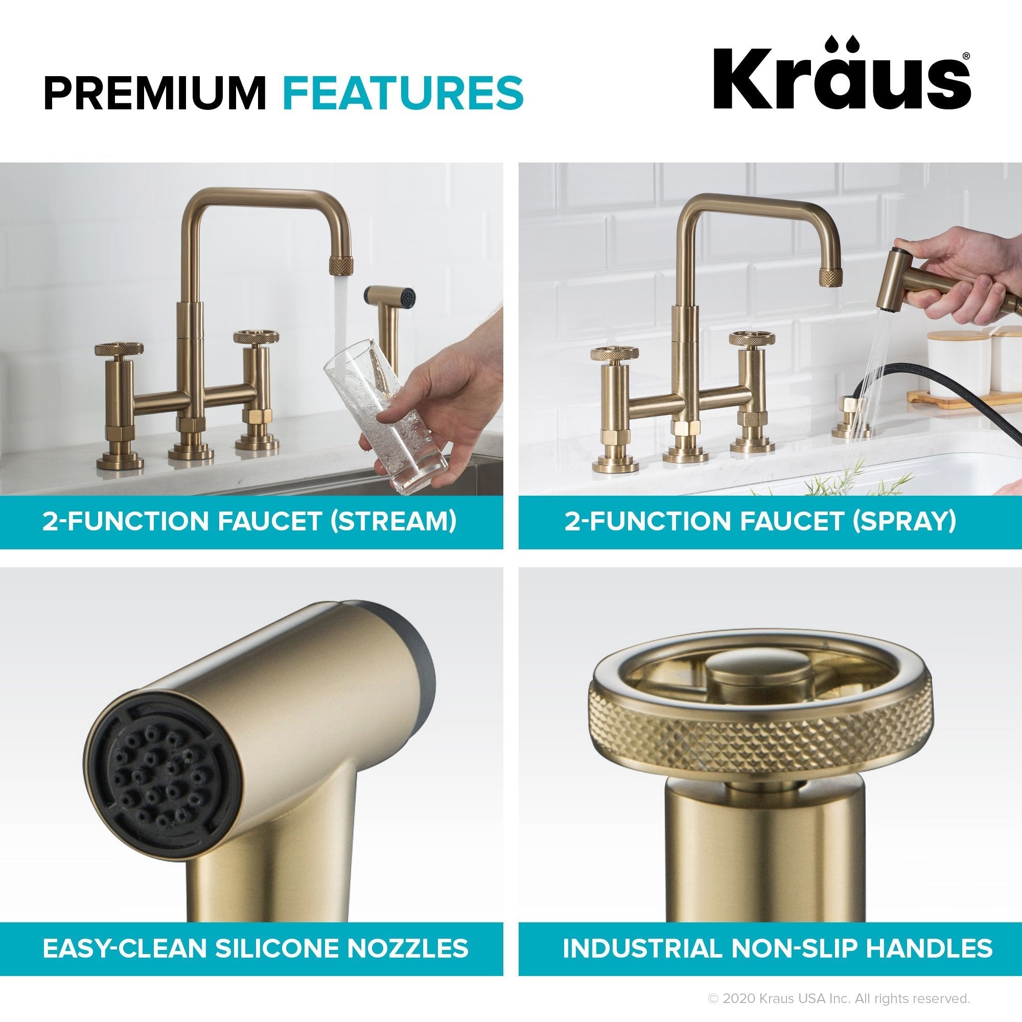 KRAUS Urbix Bridge Kitchen Faucet with Side Sprayer in Brushed Gold - KPF-3125BG