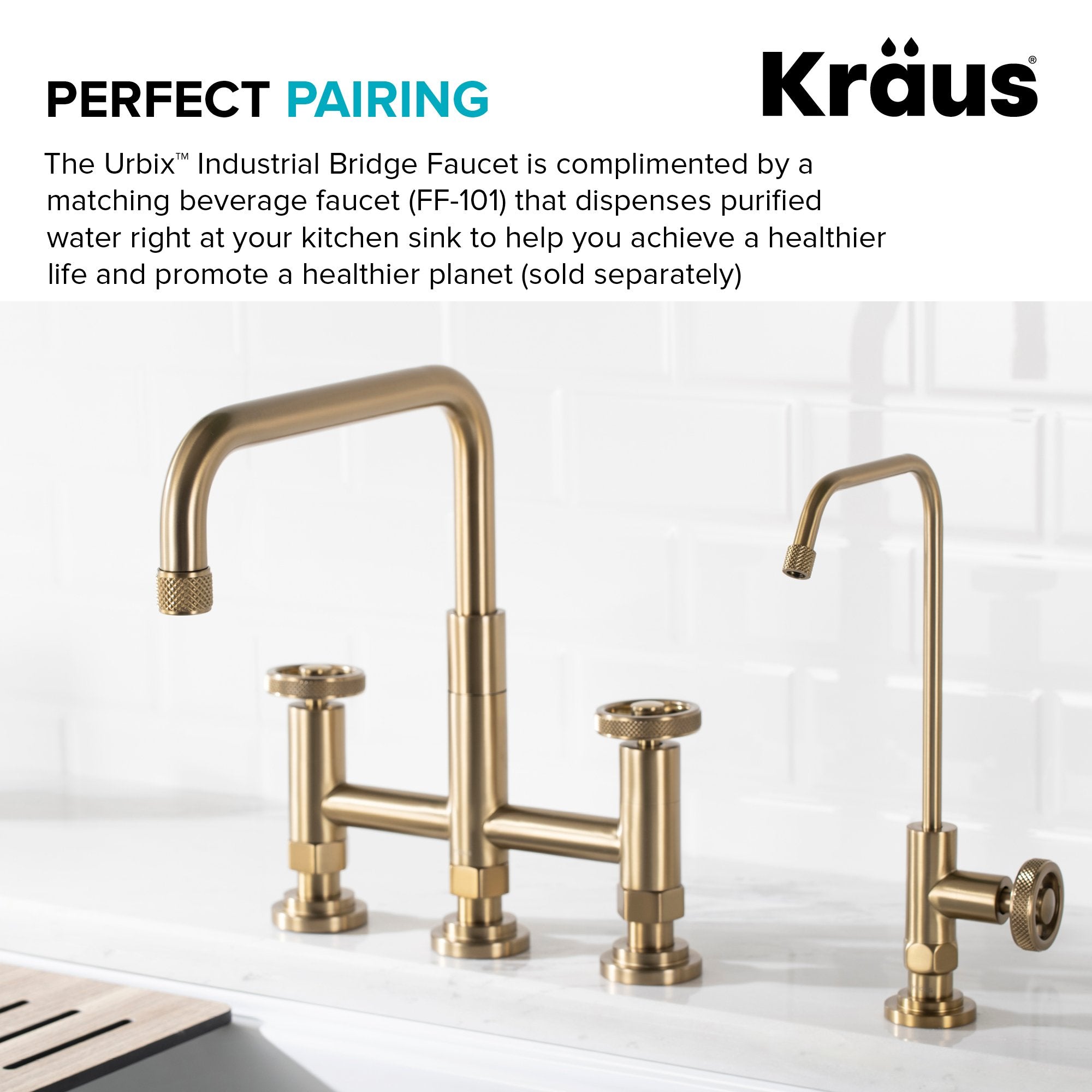 KRAUS Urbix Bridge Kitchen Faucet with Side Sprayer in Brushed Gold - KPF-3125BG