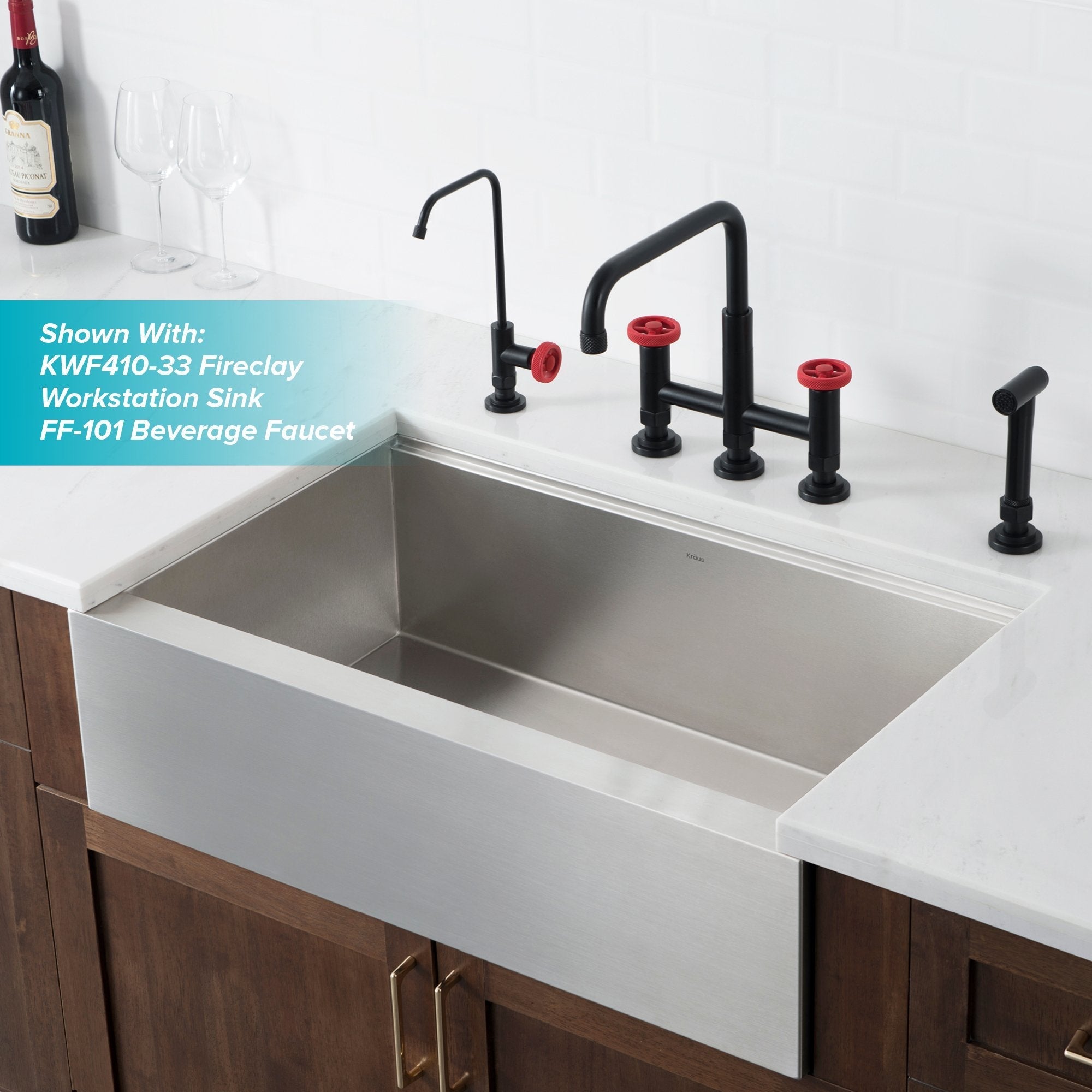 KRAUS Urbix Bridge Kitchen Faucet with Side Sprayer in Matte Black/Red - KPF-3125MBRD