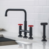 KRAUS Urbix Bridge Kitchen Faucet with Side Sprayer in Matte Black/Red - KPF-3125MBRD