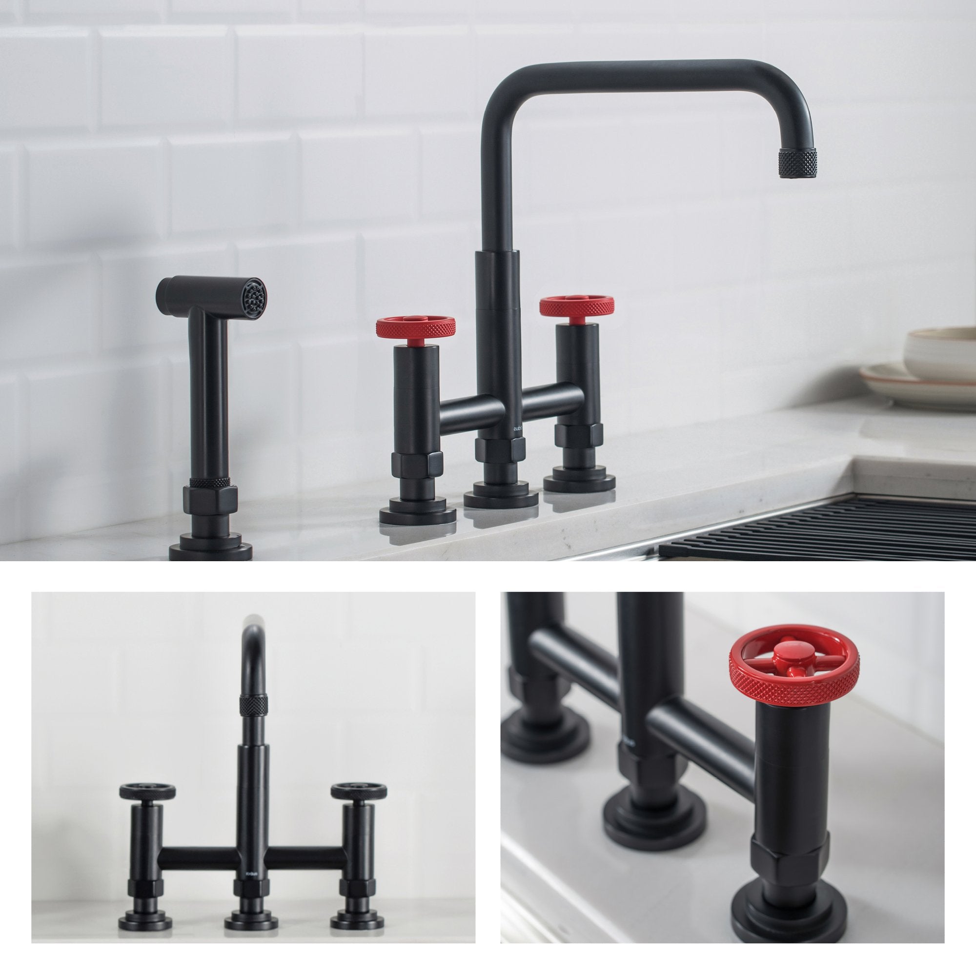 KRAUS Urbix Bridge Kitchen Faucet with Side Sprayer in Matte Black/Red - KPF-3125MBRD