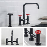 KRAUS Urbix Bridge Kitchen Faucet with Side Sprayer in Matte Black/Red - KPF-3125MBRD