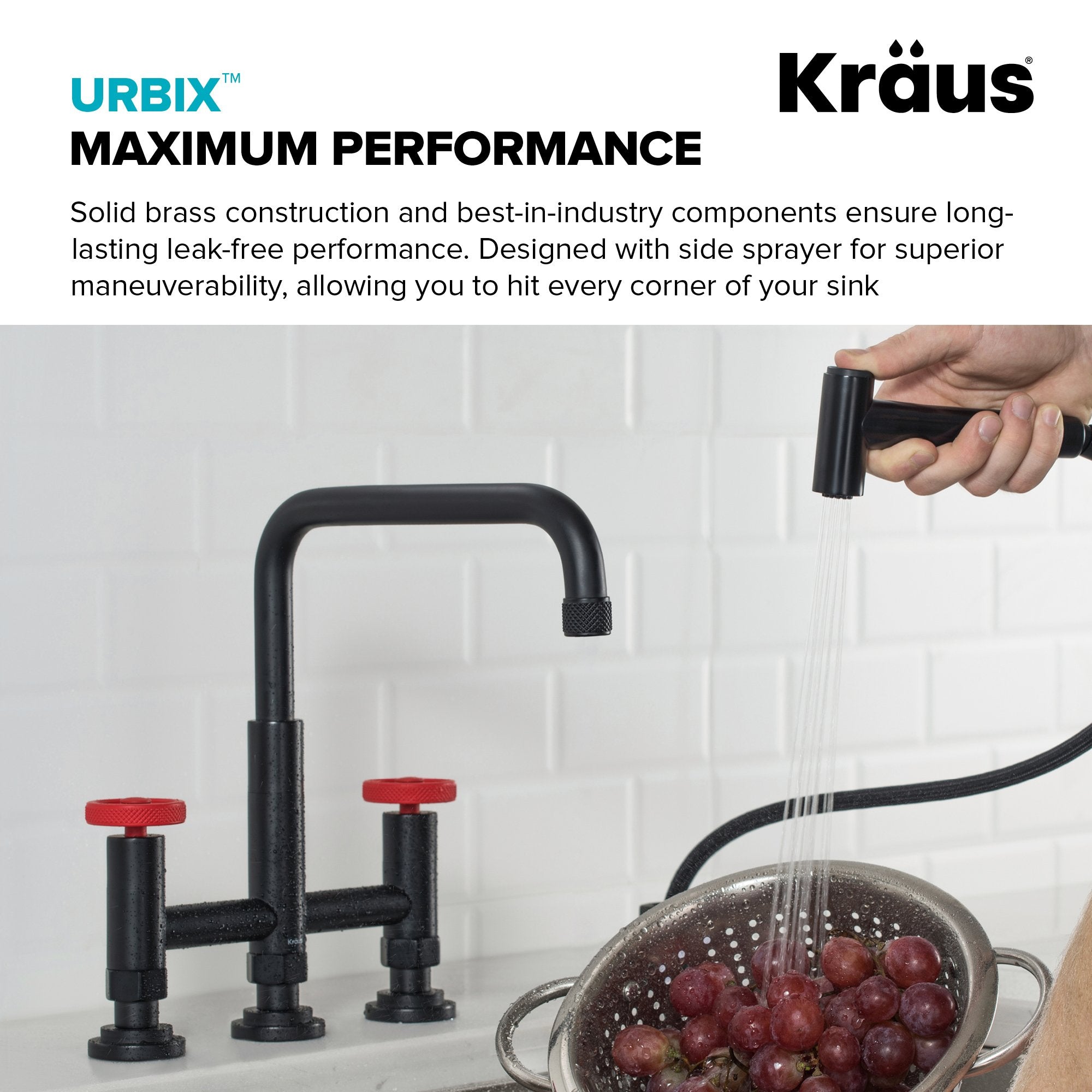 KRAUS Urbix Bridge Kitchen Faucet with Side Sprayer in Matte Black/Red - KPF-3125MBRD