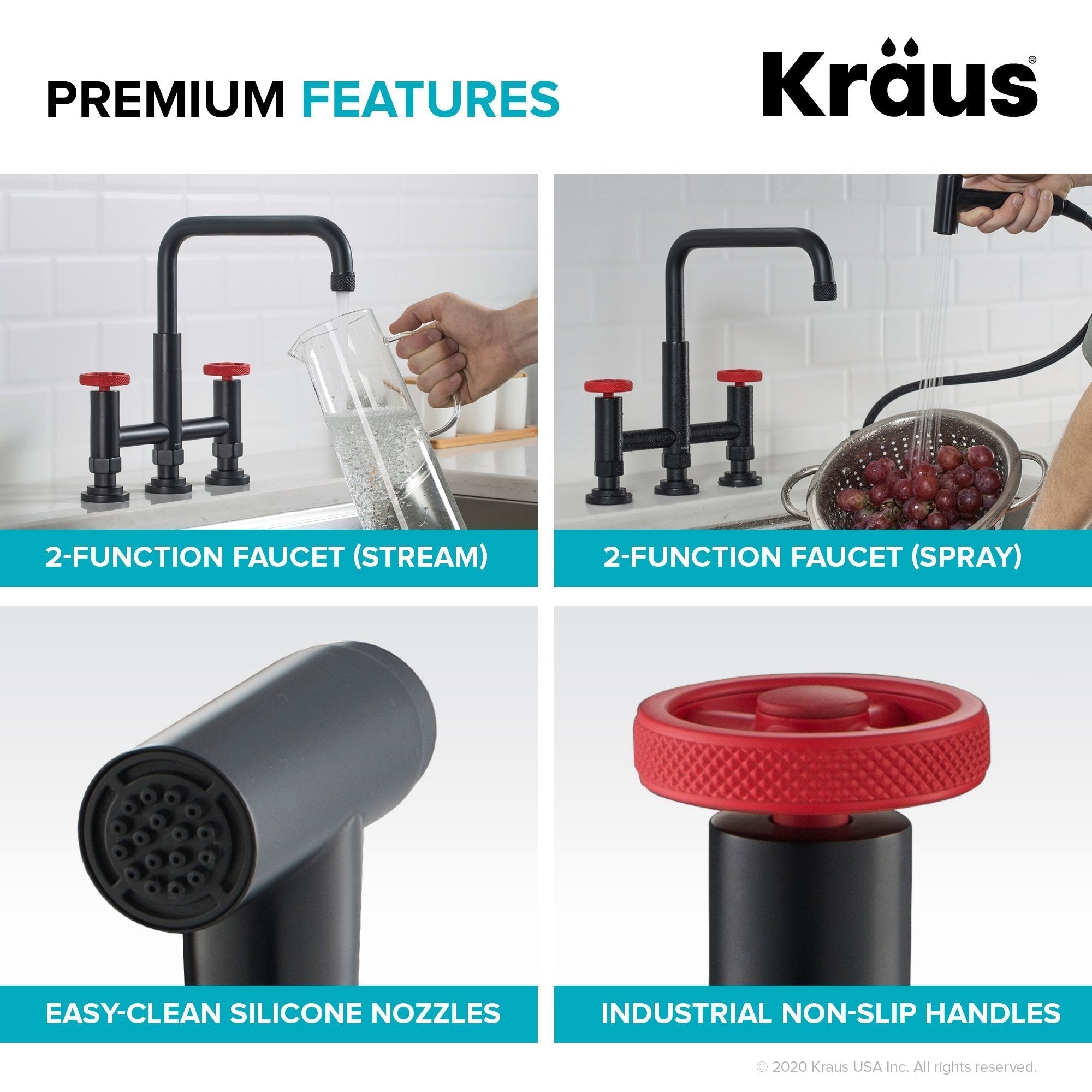 KRAUS Urbix Bridge Kitchen Faucet with Side Sprayer in Matte Black/Red - KPF-3125MBRD