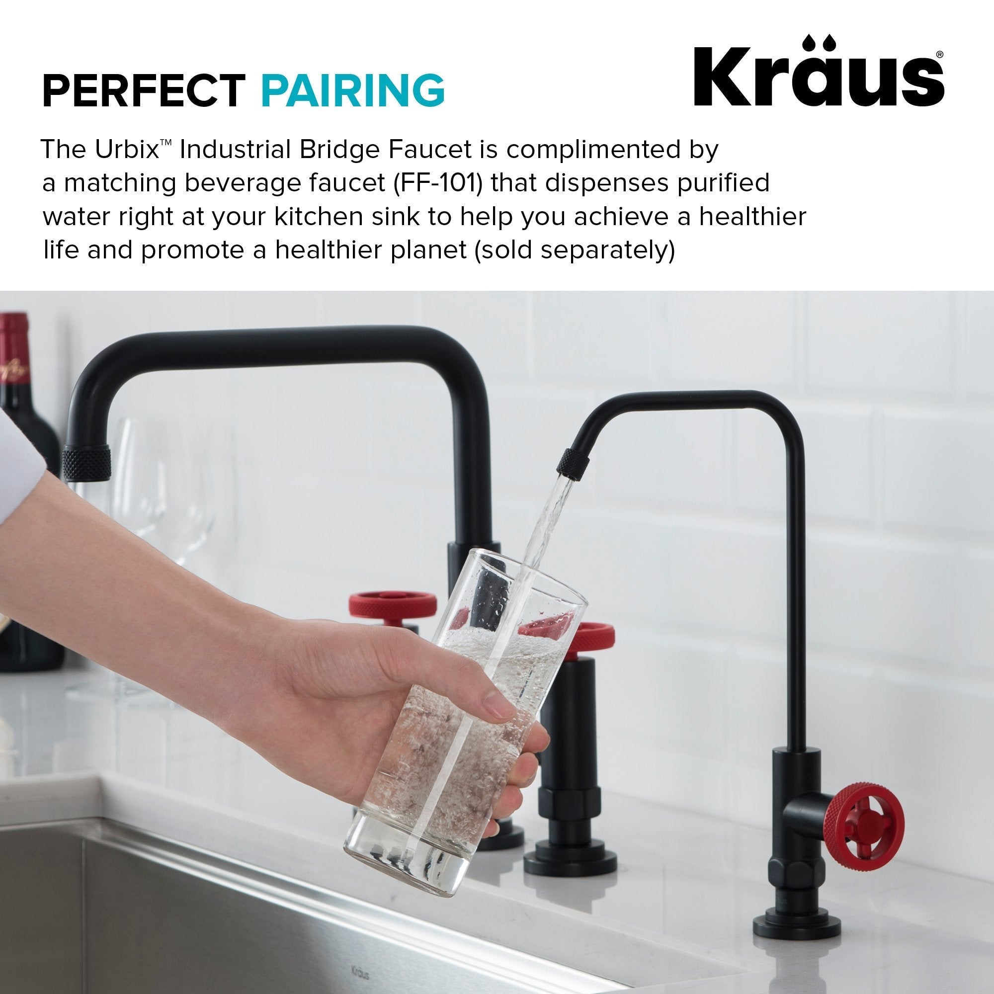 KRAUS Urbix Bridge Kitchen Faucet with Side Sprayer in Matte Black/Red - KPF-3125MBRD