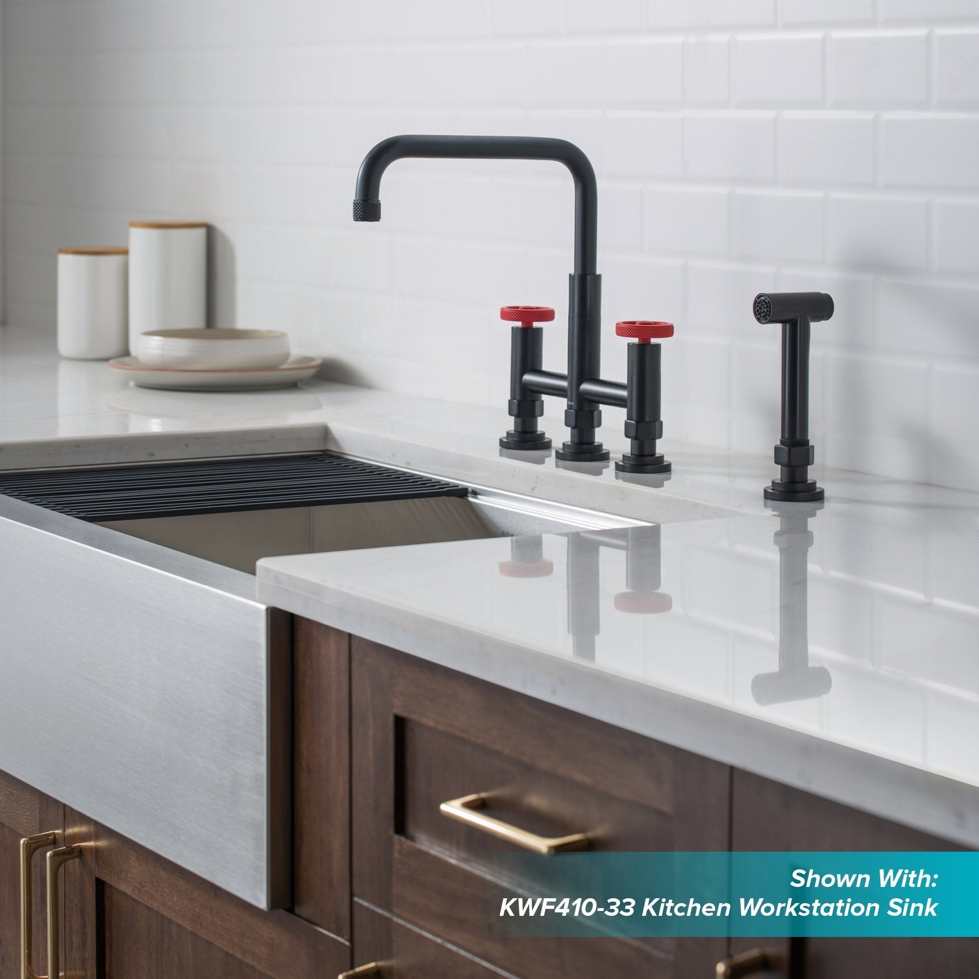 KRAUS Urbix Bridge Kitchen Faucet with Side Sprayer in Matte Black/Red - KPF-3125MBRD