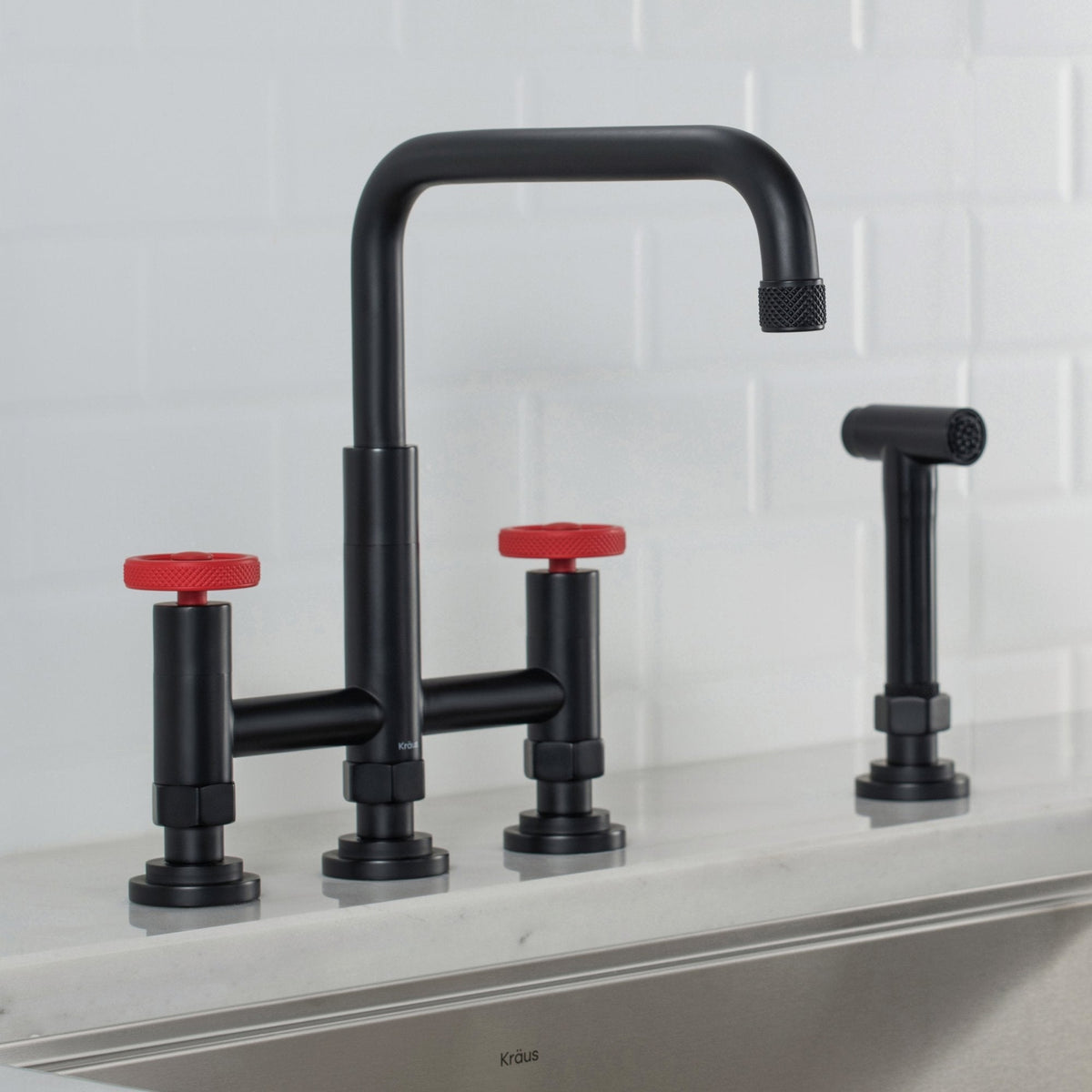 KRAUS Urbix Bridge Kitchen Faucet with Side Sprayer in Matte Black/Red - KPF-3125MBRD