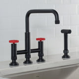 KRAUS Urbix Bridge Kitchen Faucet with Side Sprayer in Matte Black/Red - KPF-3125MBRD
