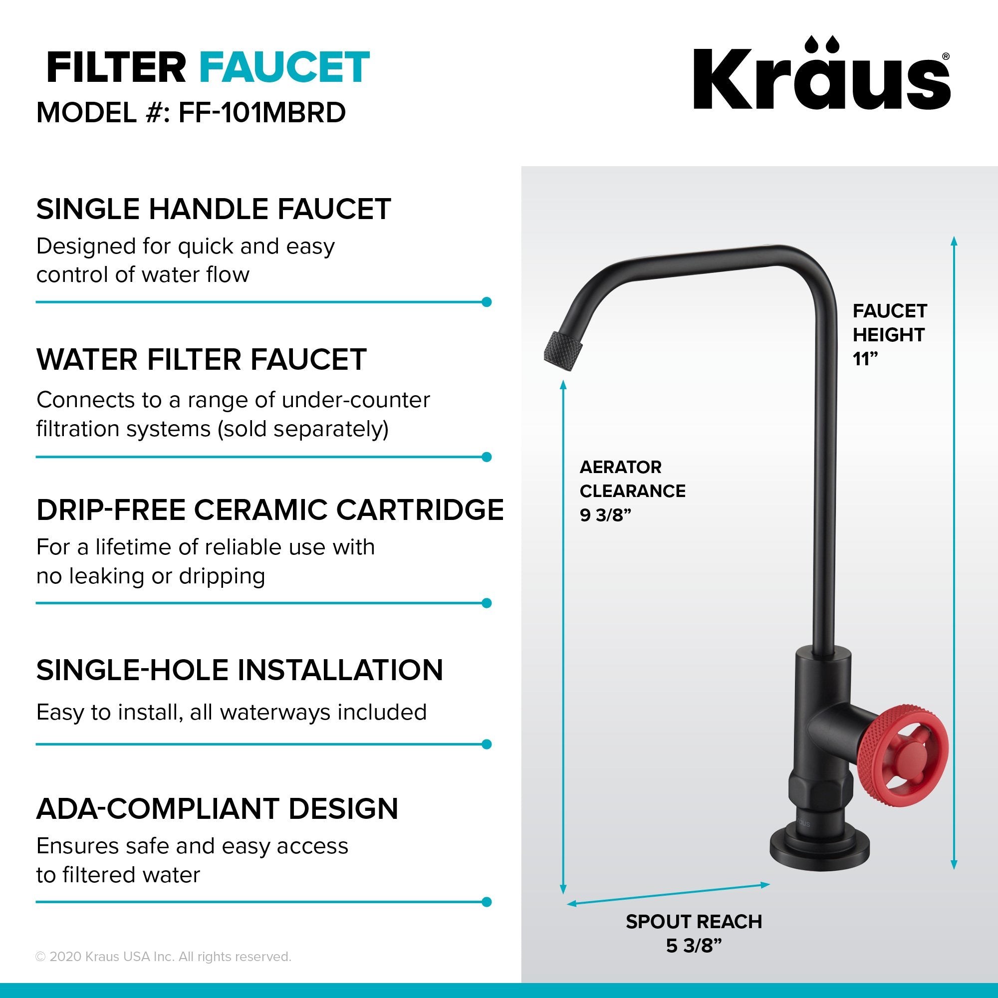 KRAUS Urbix Industrial Bridge Kitchen Faucet & Water Filter Faucet in Matte Black/Red - KPF-3125-FF-101MBRD