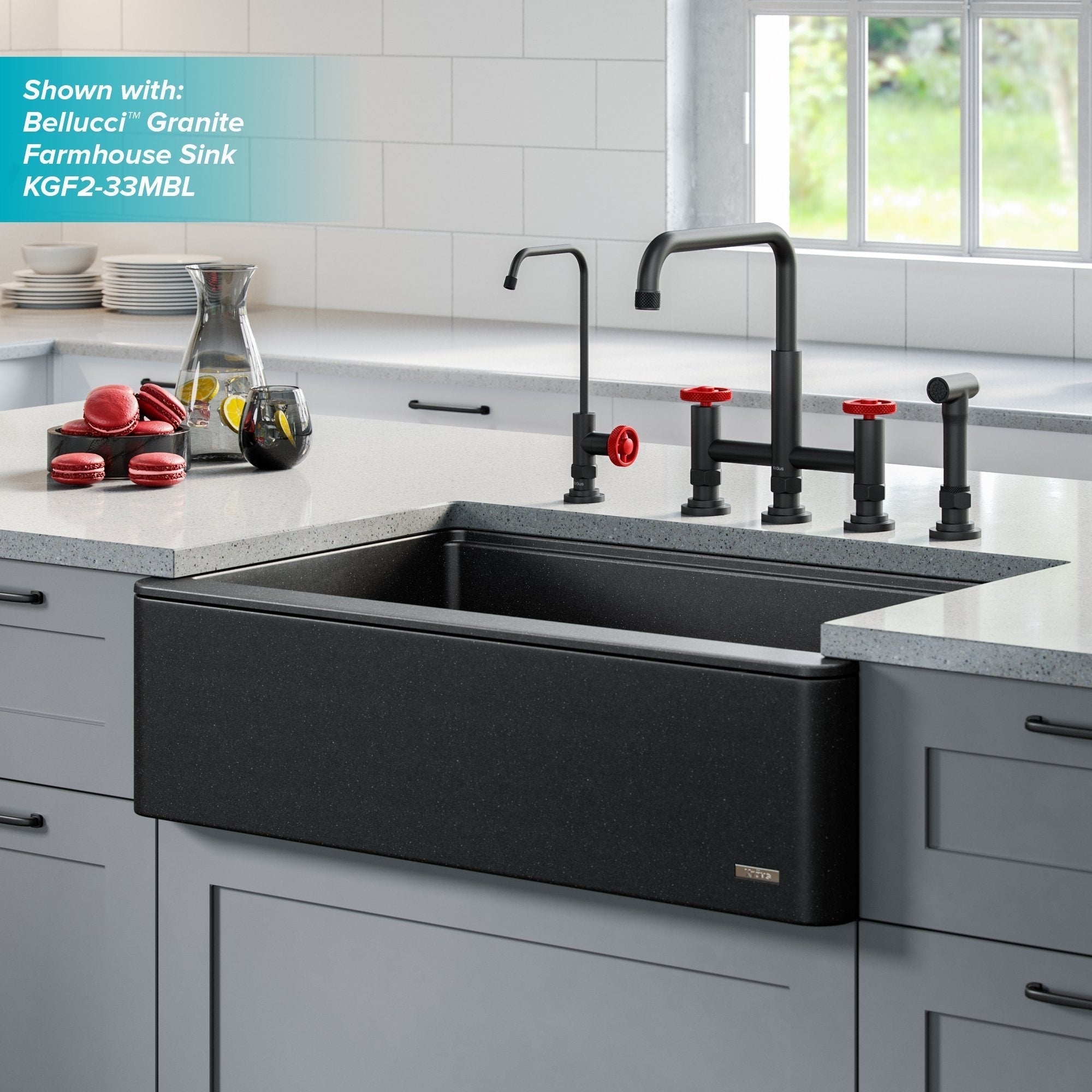 KRAUS Urbix Industrial Bridge Kitchen Faucet & Water Filter Faucet in Matte Black/Red - KPF-3125-FF-101MBRD