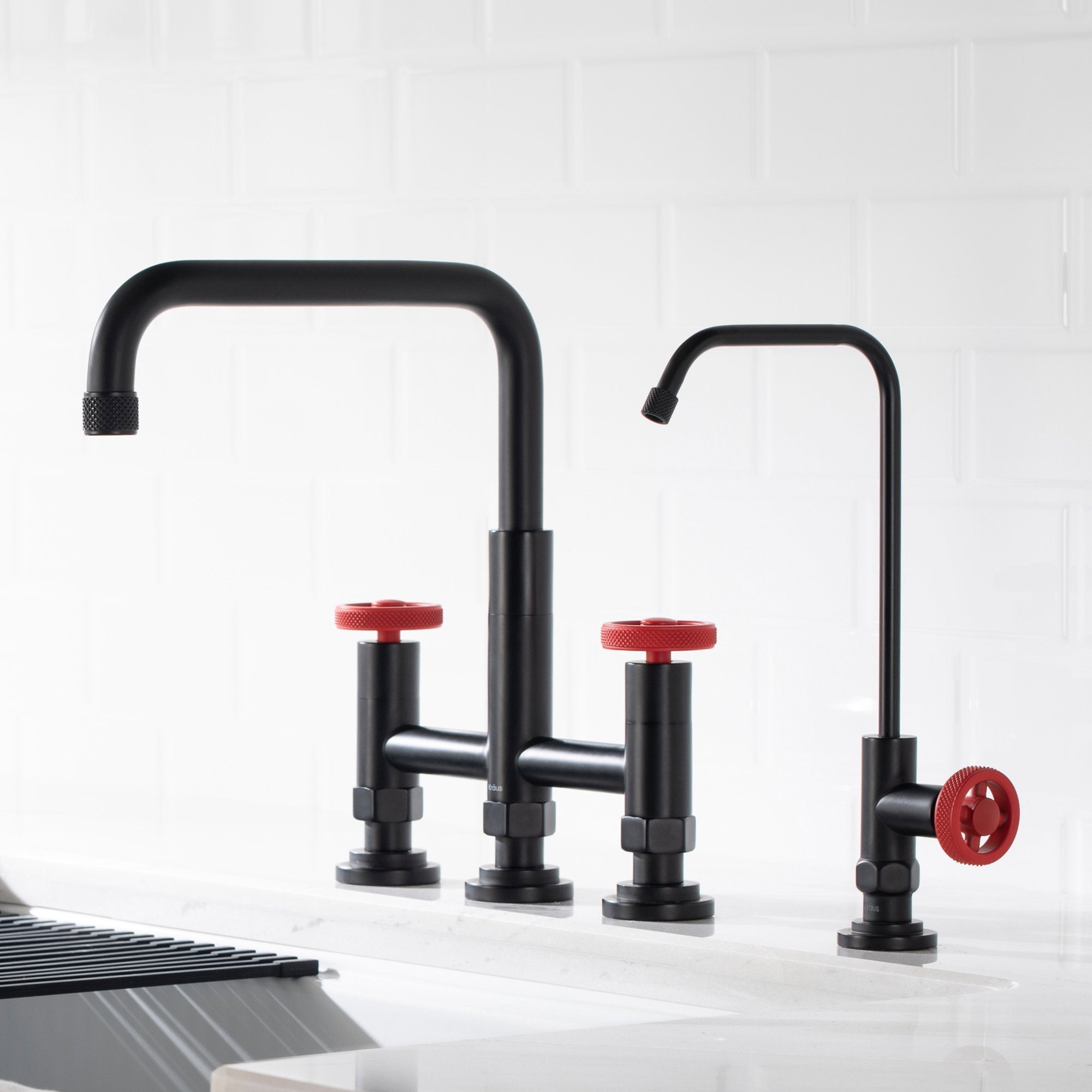 KRAUS Urbix Industrial Bridge Kitchen Faucet & Water Filter Faucet in Matte Black/Red - KPF-3125-FF-101MBRD