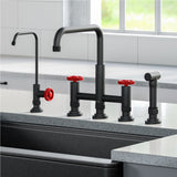 KRAUS Urbix Industrial Bridge Kitchen Faucet & Water Filter Faucet in Matte Black/Red - KPF-3125-FF-101MBRD