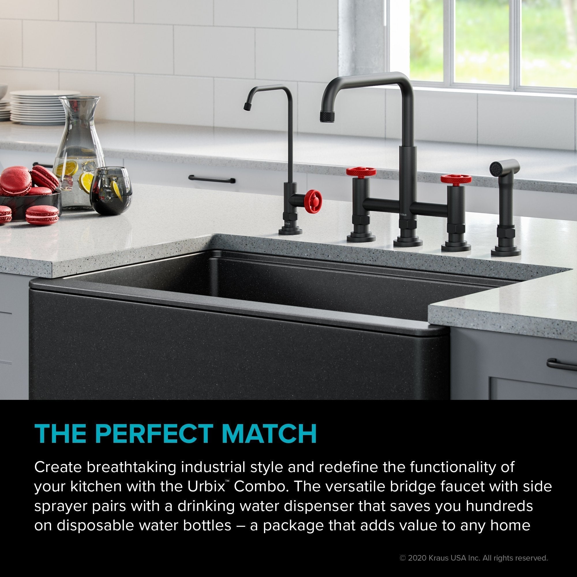 KRAUS Urbix Industrial Bridge Kitchen Faucet & Water Filter Faucet in Matte Black/Red - KPF-3125-FF-101MBRD