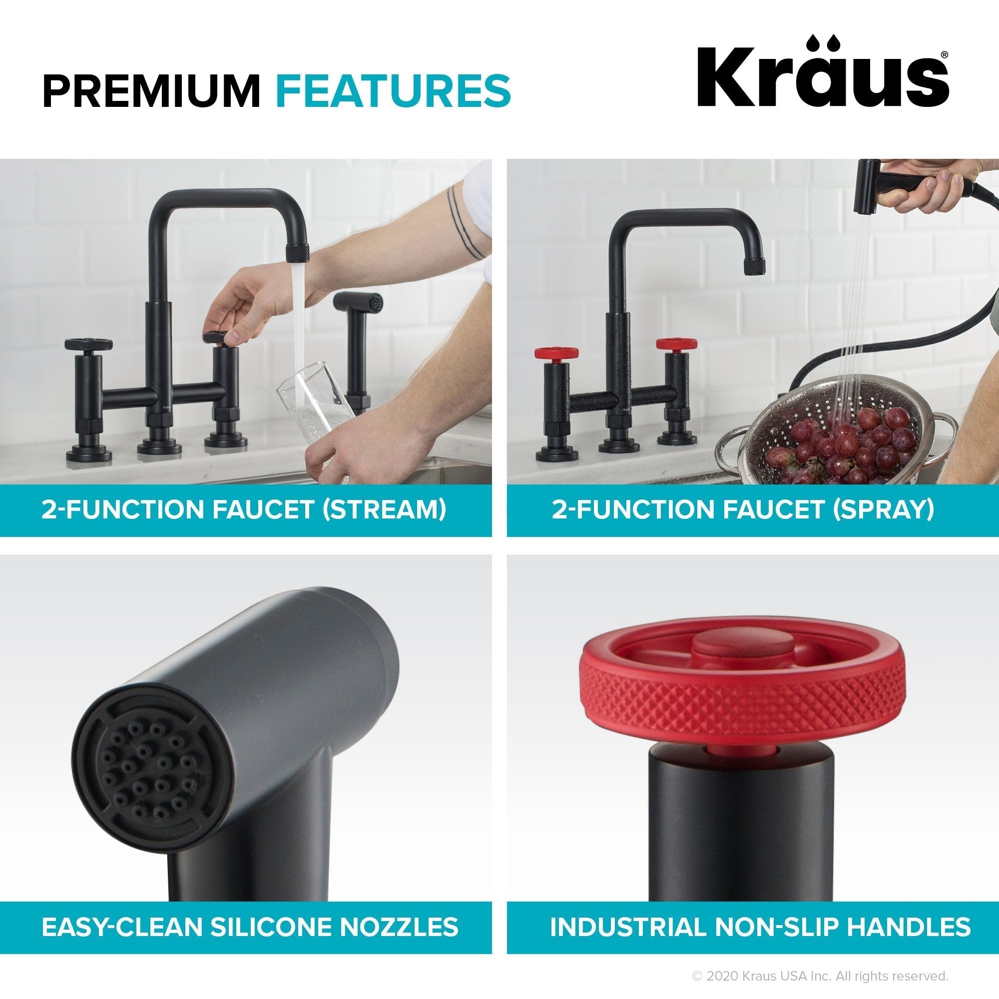 KRAUS Urbix Industrial Bridge Kitchen Faucet & Water Filter Faucet in Matte Black/Red - KPF-3125-FF-101MBRD