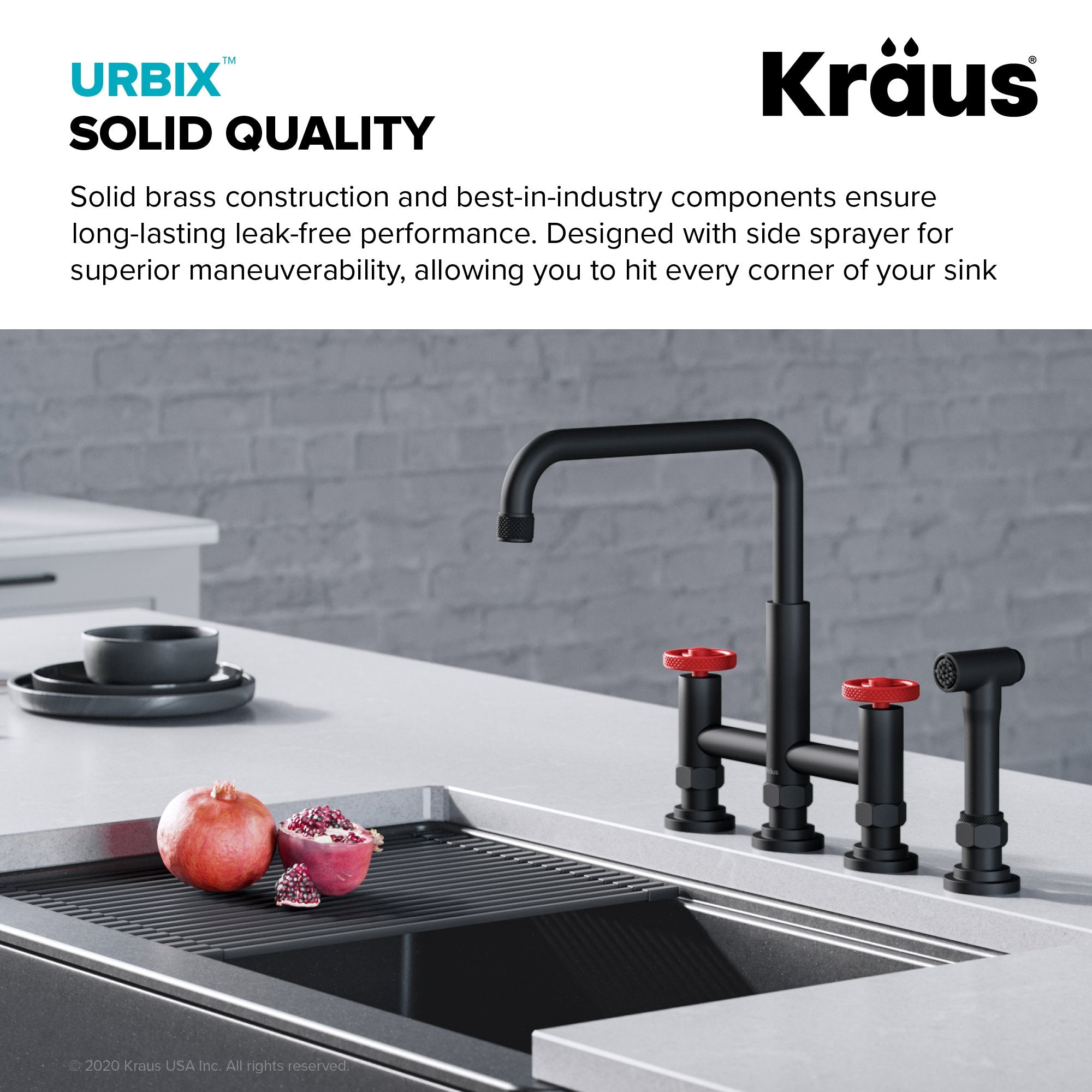 KRAUS Urbix Industrial Bridge Kitchen Faucet & Water Filter Faucet in Matte Black/Red - KPF-3125-FF-101MBRD