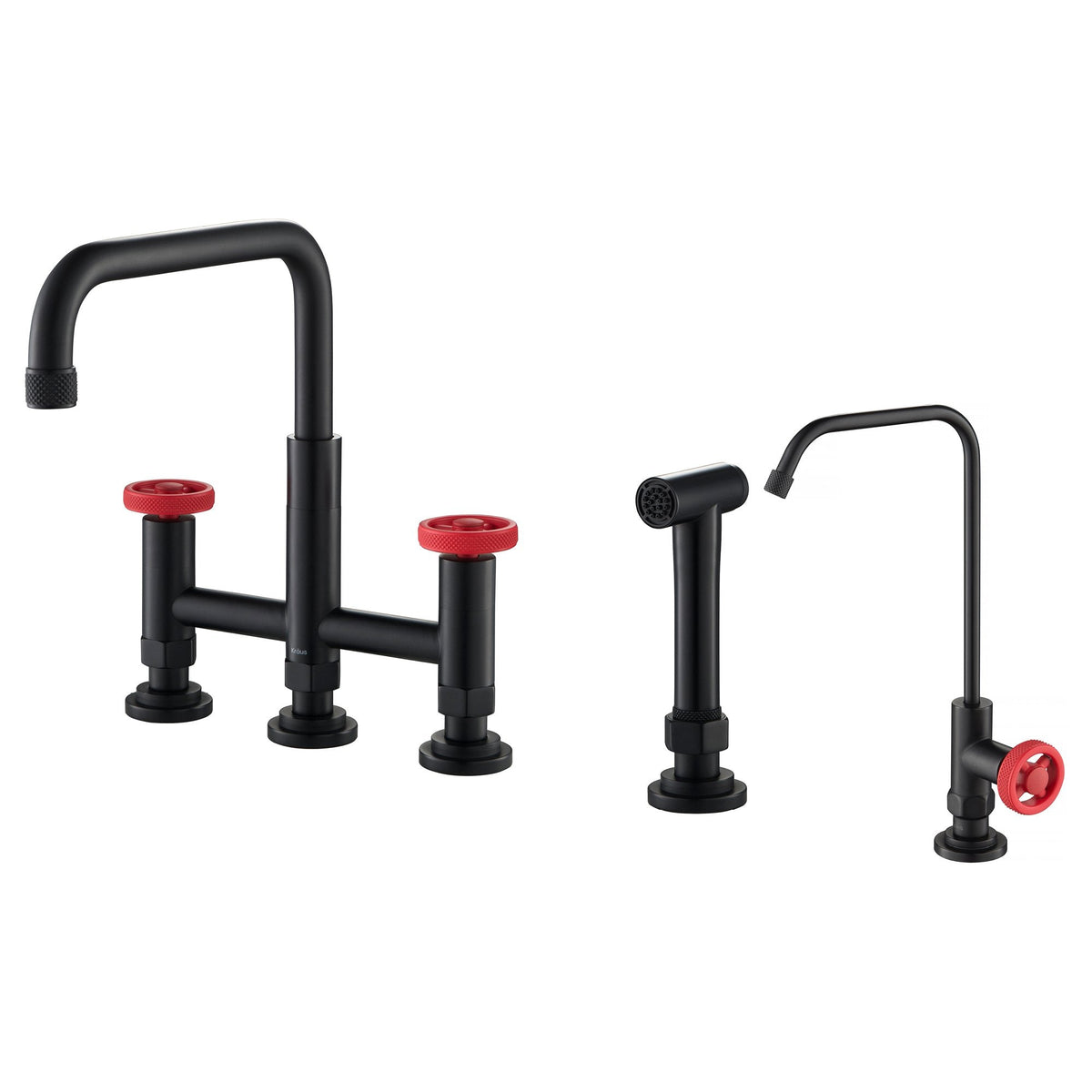 KRAUS Urbix Industrial Bridge Kitchen Faucet & Water Filter Faucet in Matte Black/Red - KPF-3125-FF-101MBRD