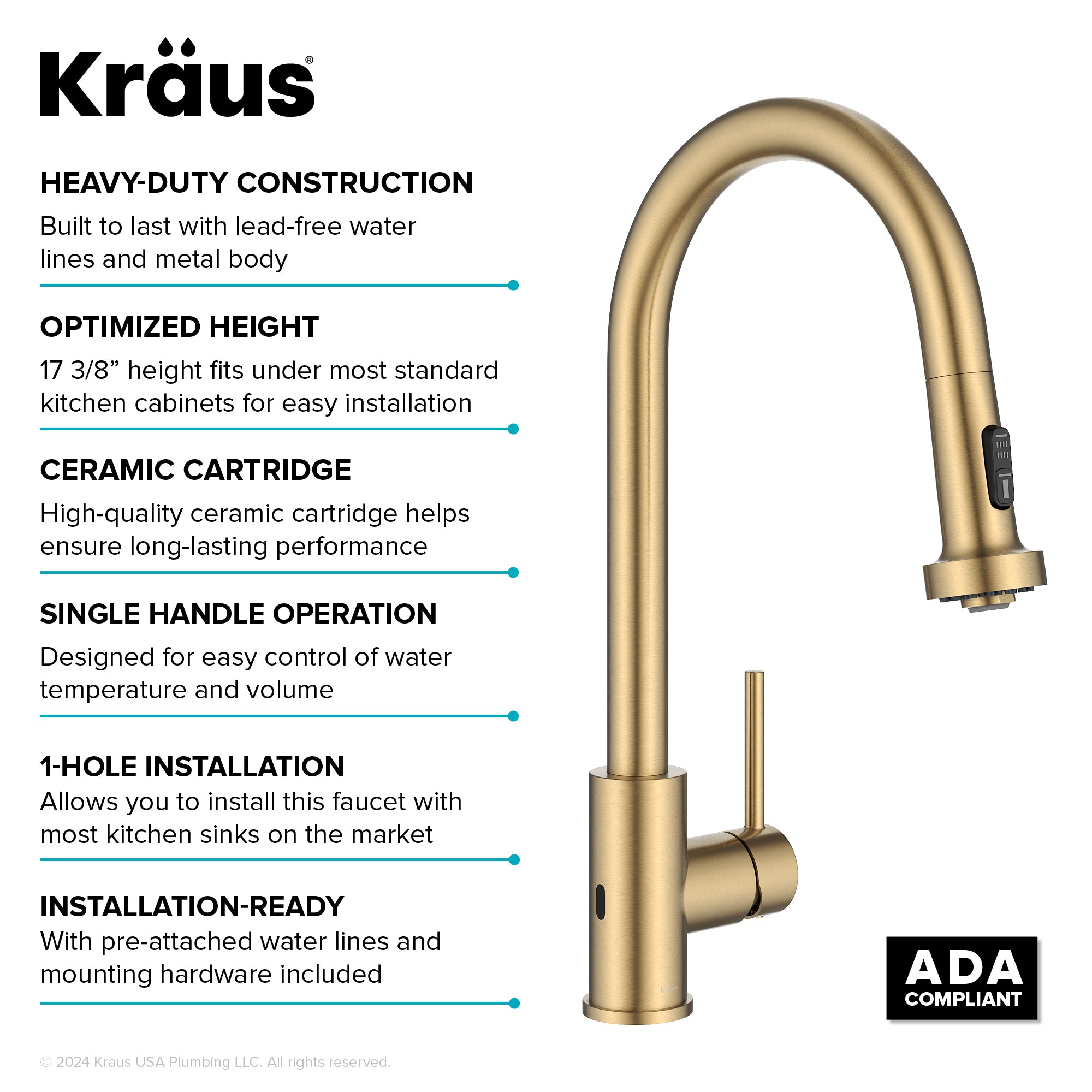 KRAUS Sensor Touchless Single Handle Pull Down Kitchen Faucet in Spot-Free Brushed Brass - KSF-1616BB