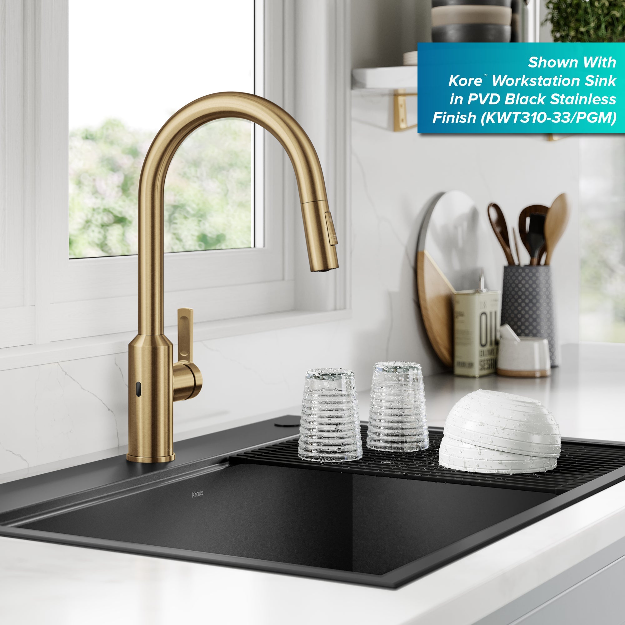 KRAUS Oletto Touchless Pull-Down Kitchen Faucet in Brushed Brass - KSF-2830BB