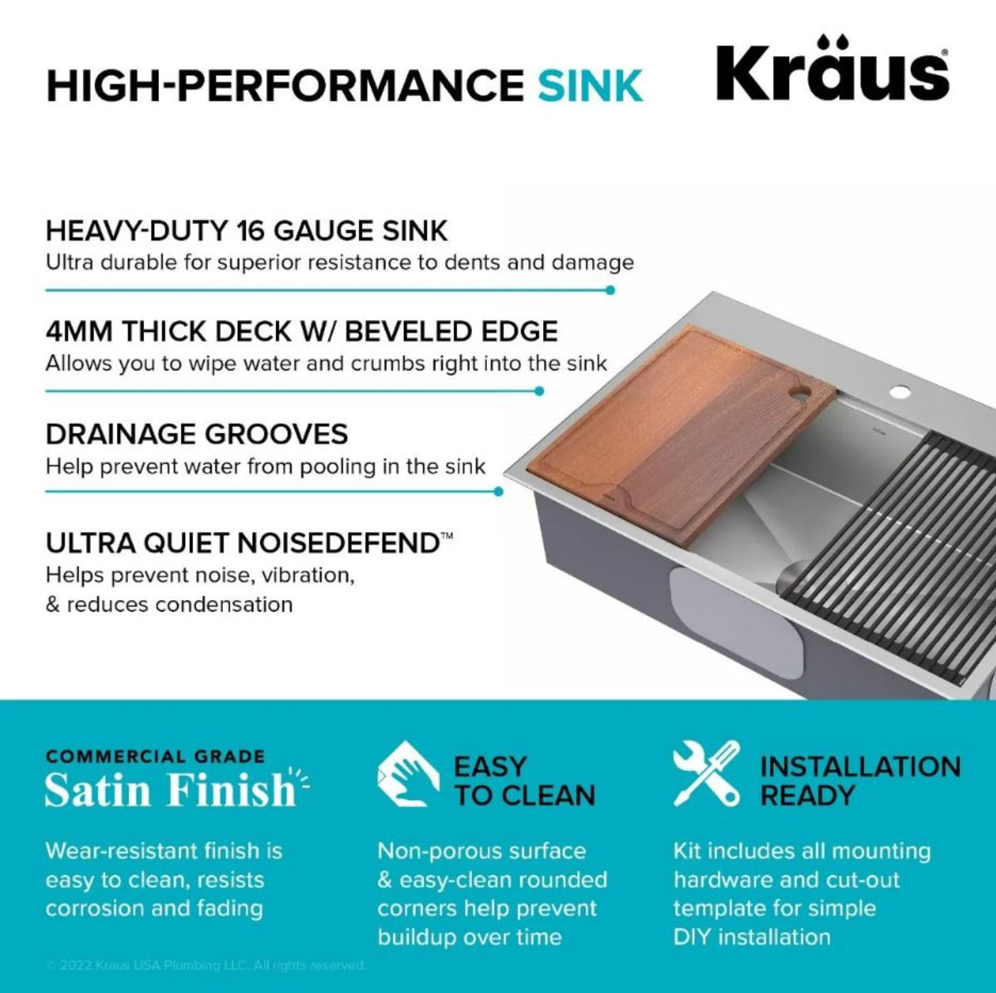 KRAUS Kore 33" Drop-In Single Bowl 16 Gauge Workstation Sink - KWT330-33
